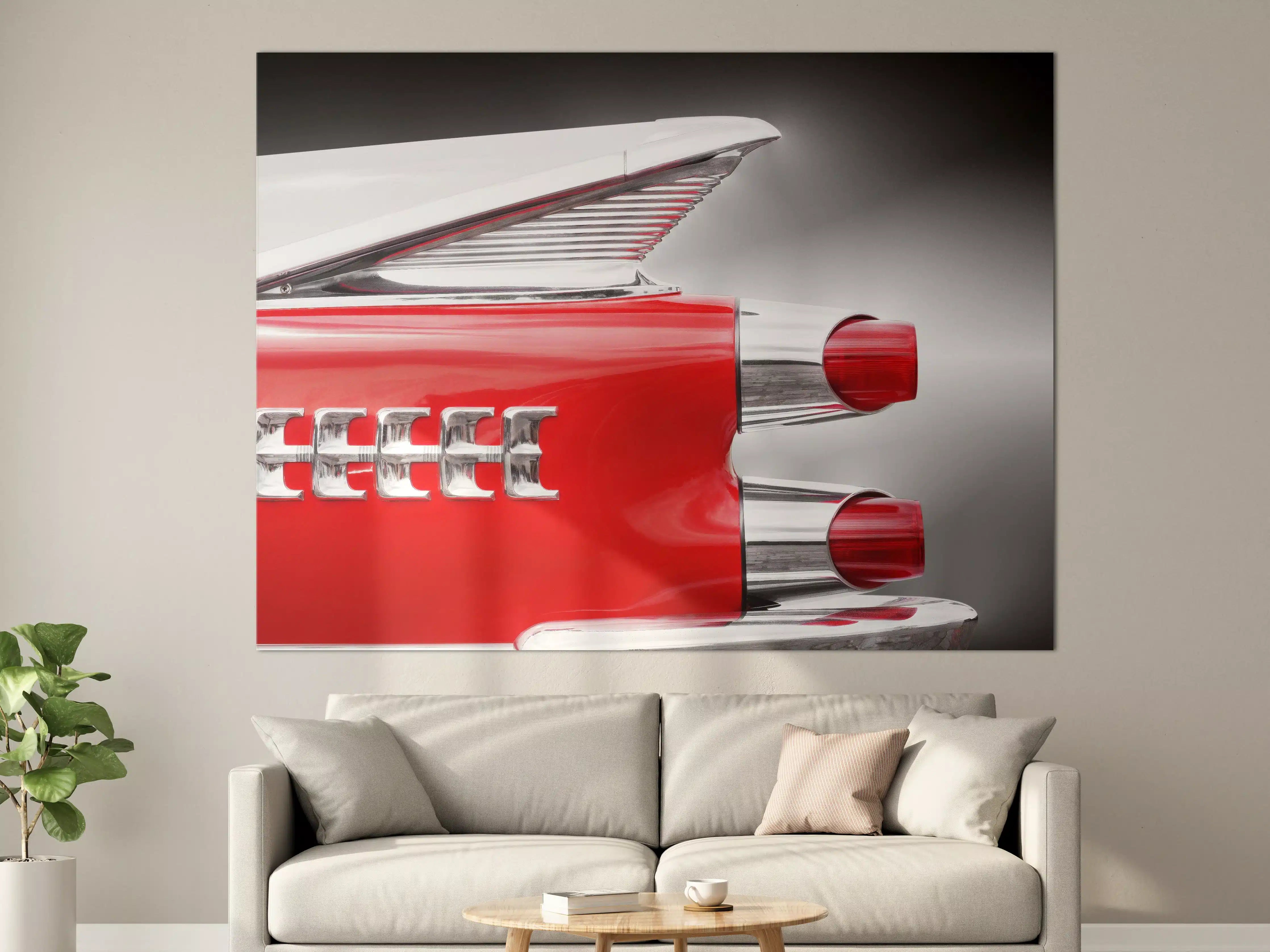 Große Wandbilder - Retro-Fahrzeug-Detail in Rot und Silber.