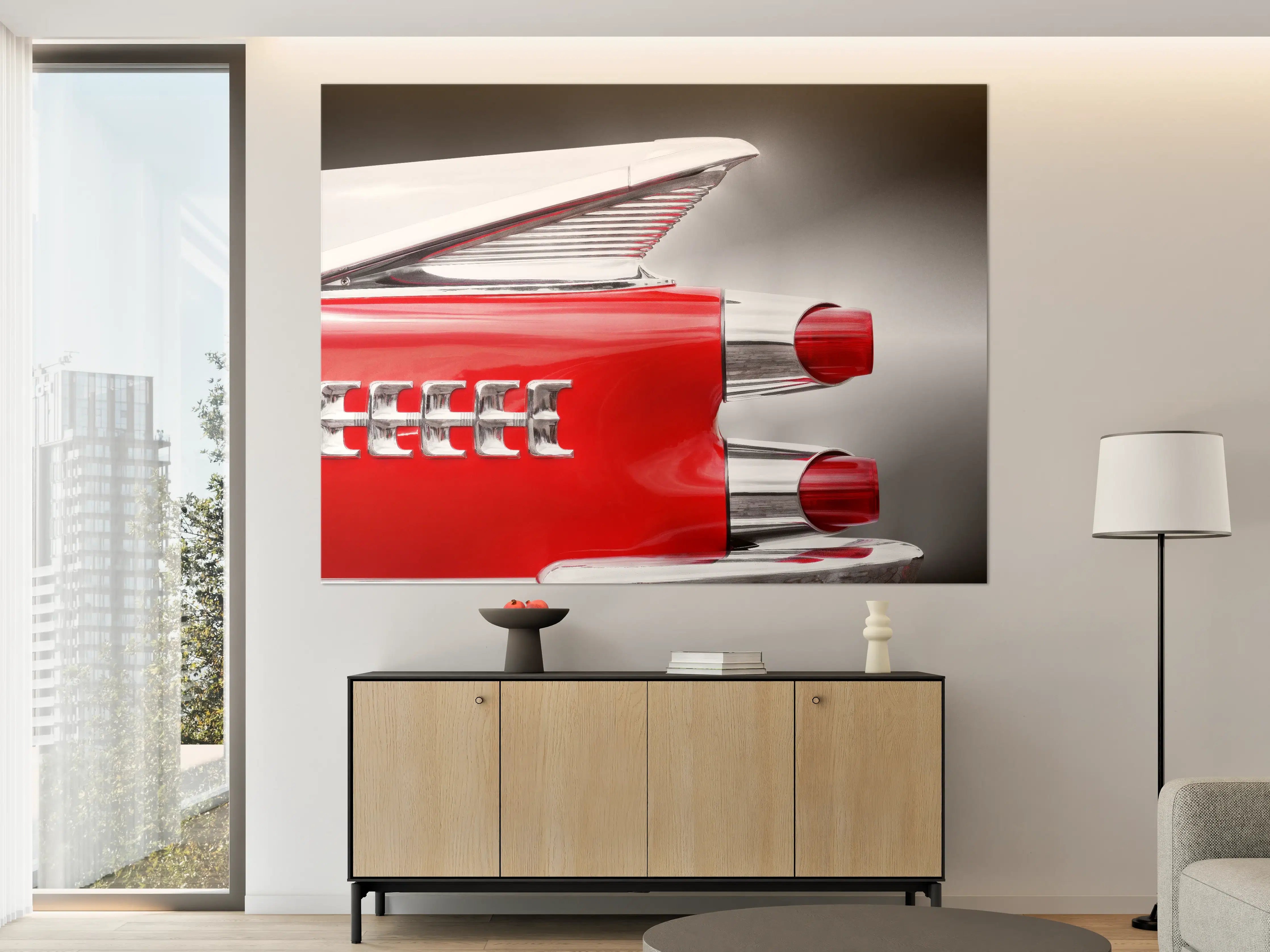 Große Wandbilder - Retro-Fahrzeug-Detail in Rot und Silber.