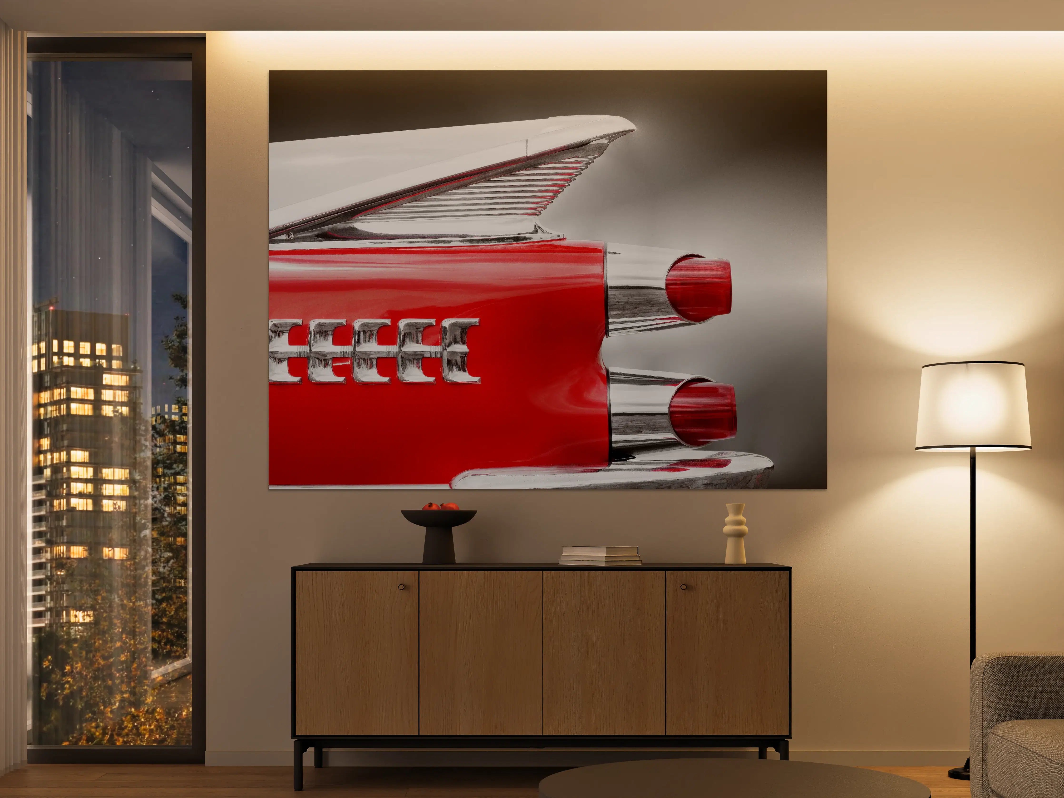 Große Wandbilder - Retro-Fahrzeug-Detail in Rot und Silber.