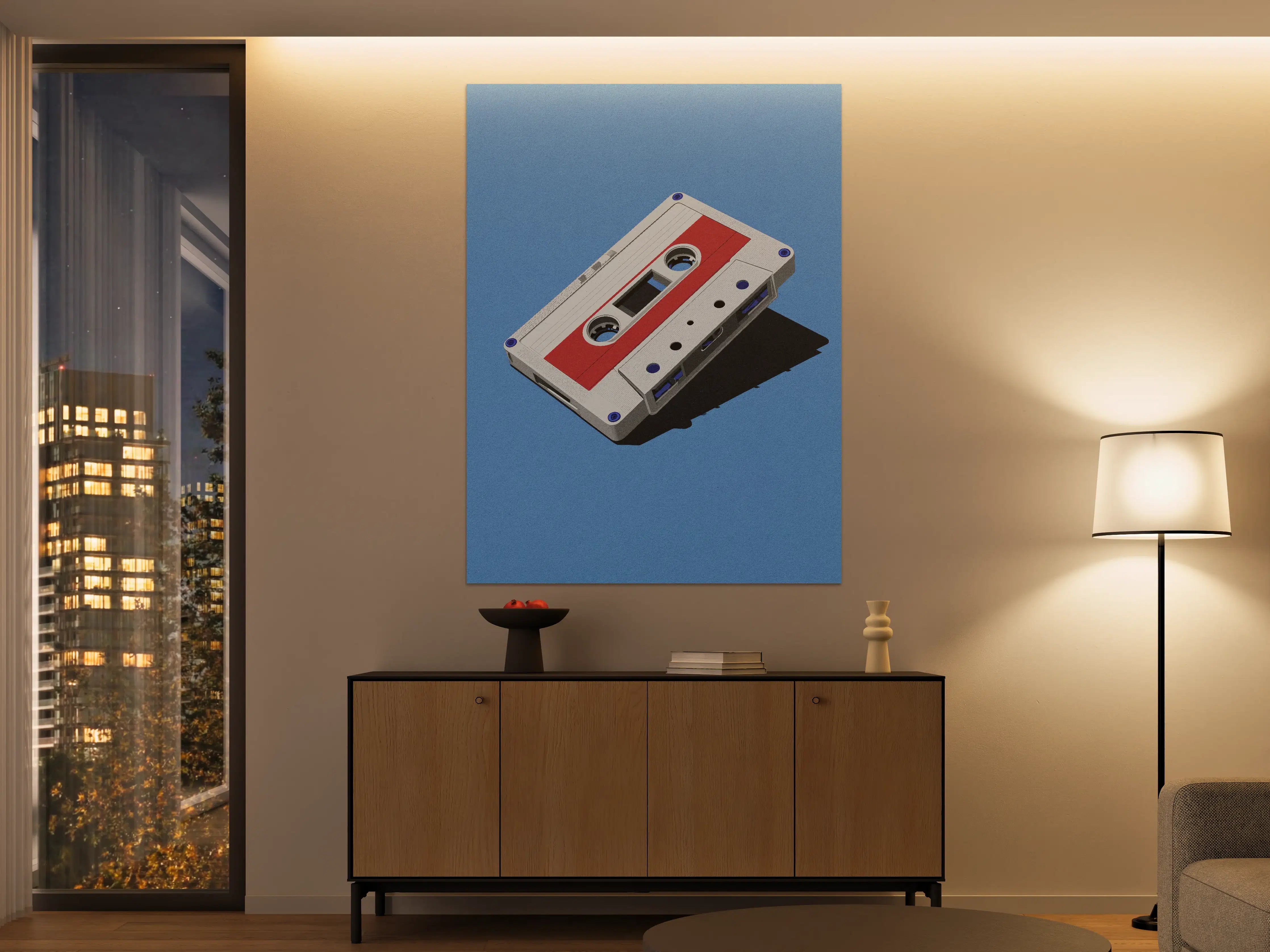 Große Wandbilder - Retro-Kassette auf blauer Oberfläche