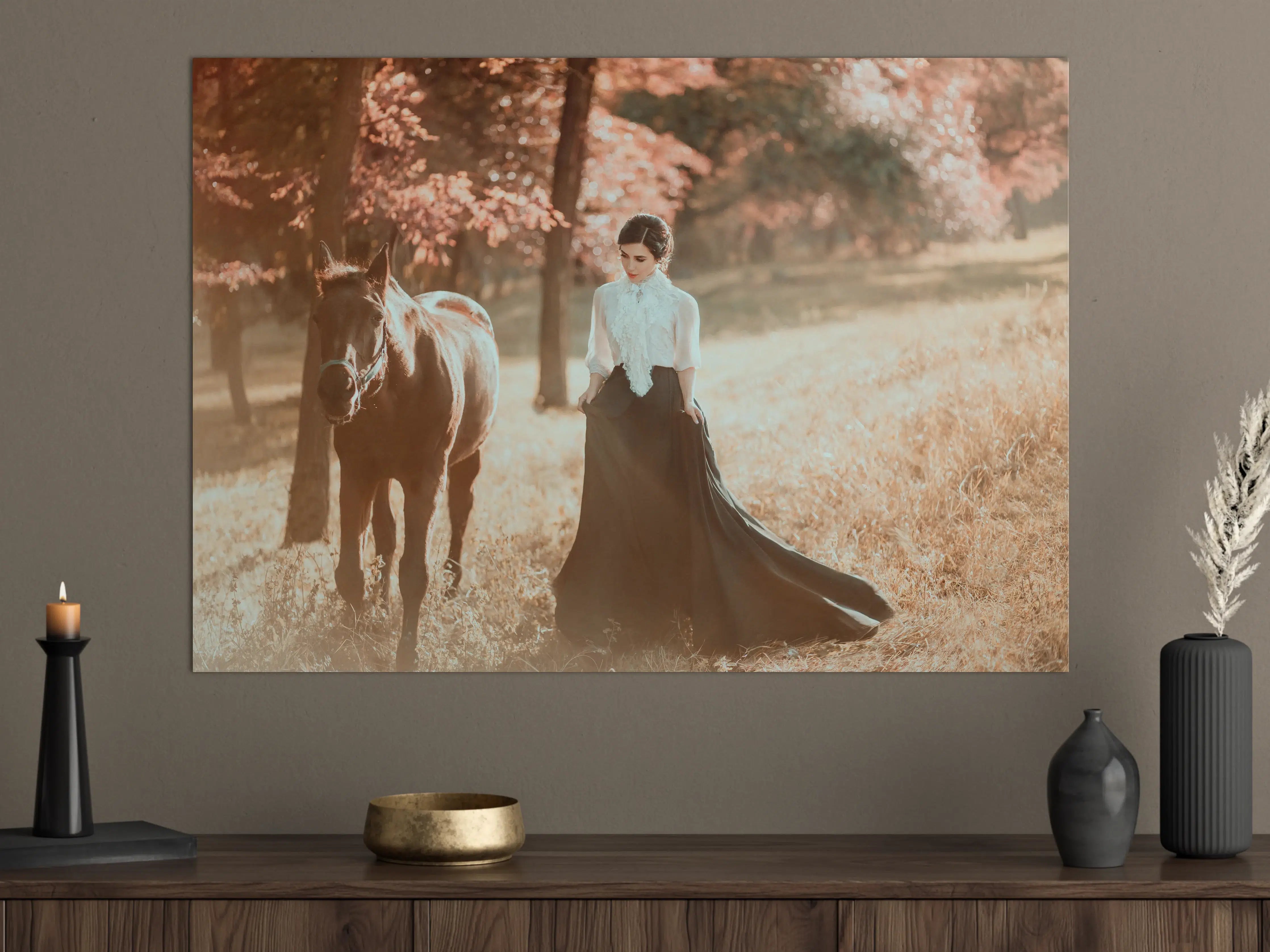 Große Wandbilder - Romantische Frau mit Pferd in herbstlicher Landschaft