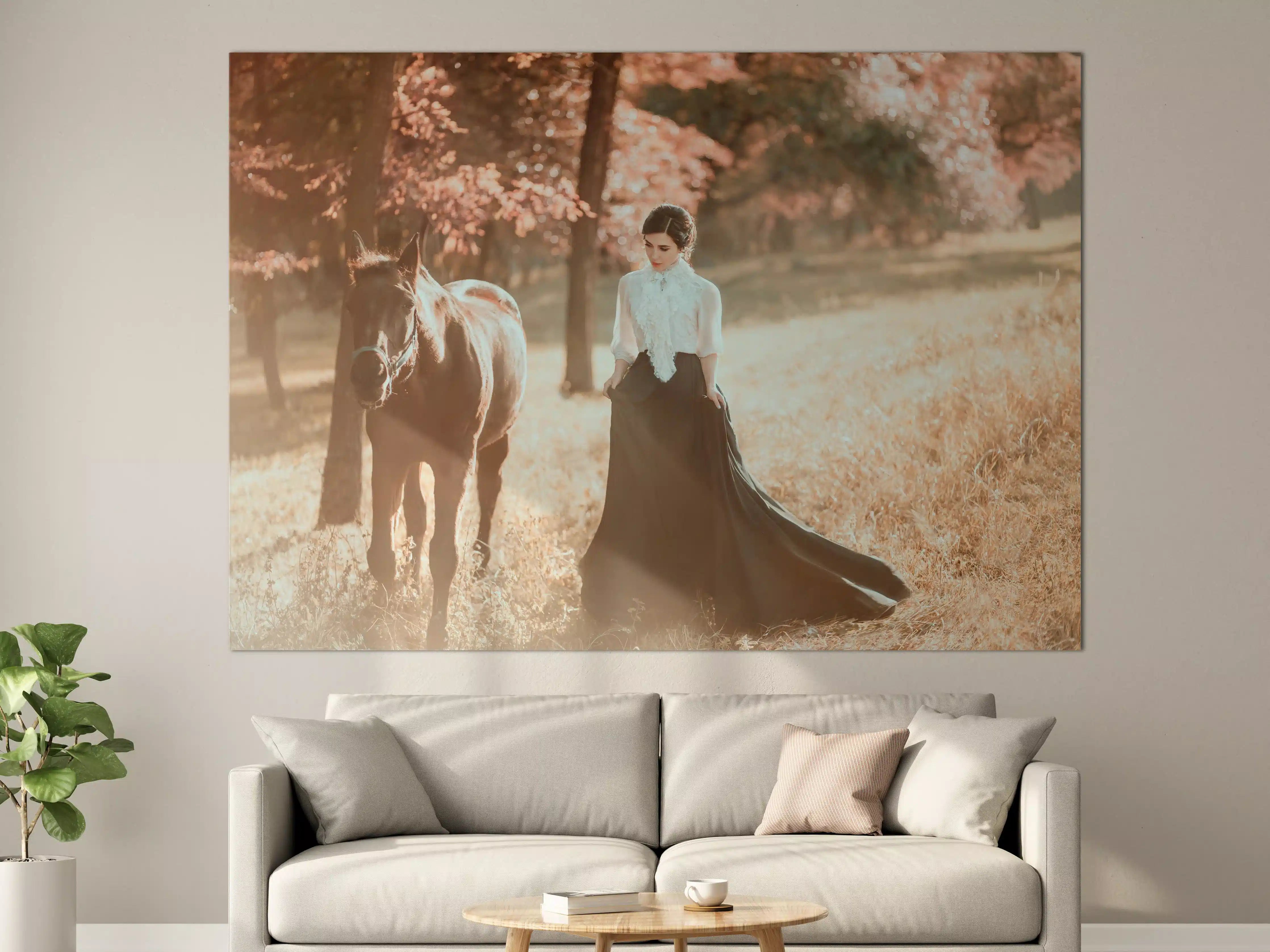 Große Wandbilder - Romantische Frau mit Pferd in herbstlicher Landschaft