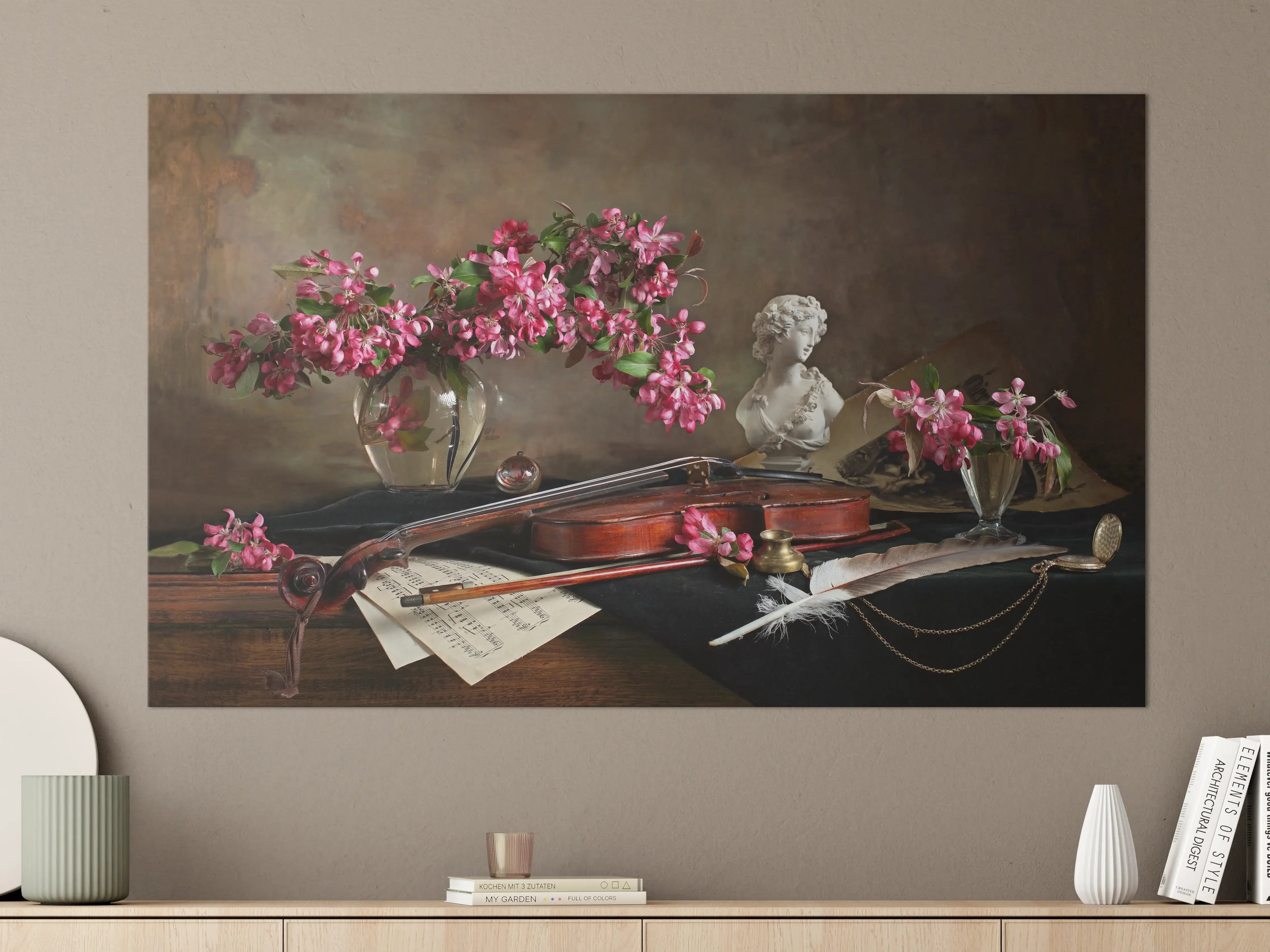 Große Wandbilder - Romantische Stilleben mit Musik und Blumen