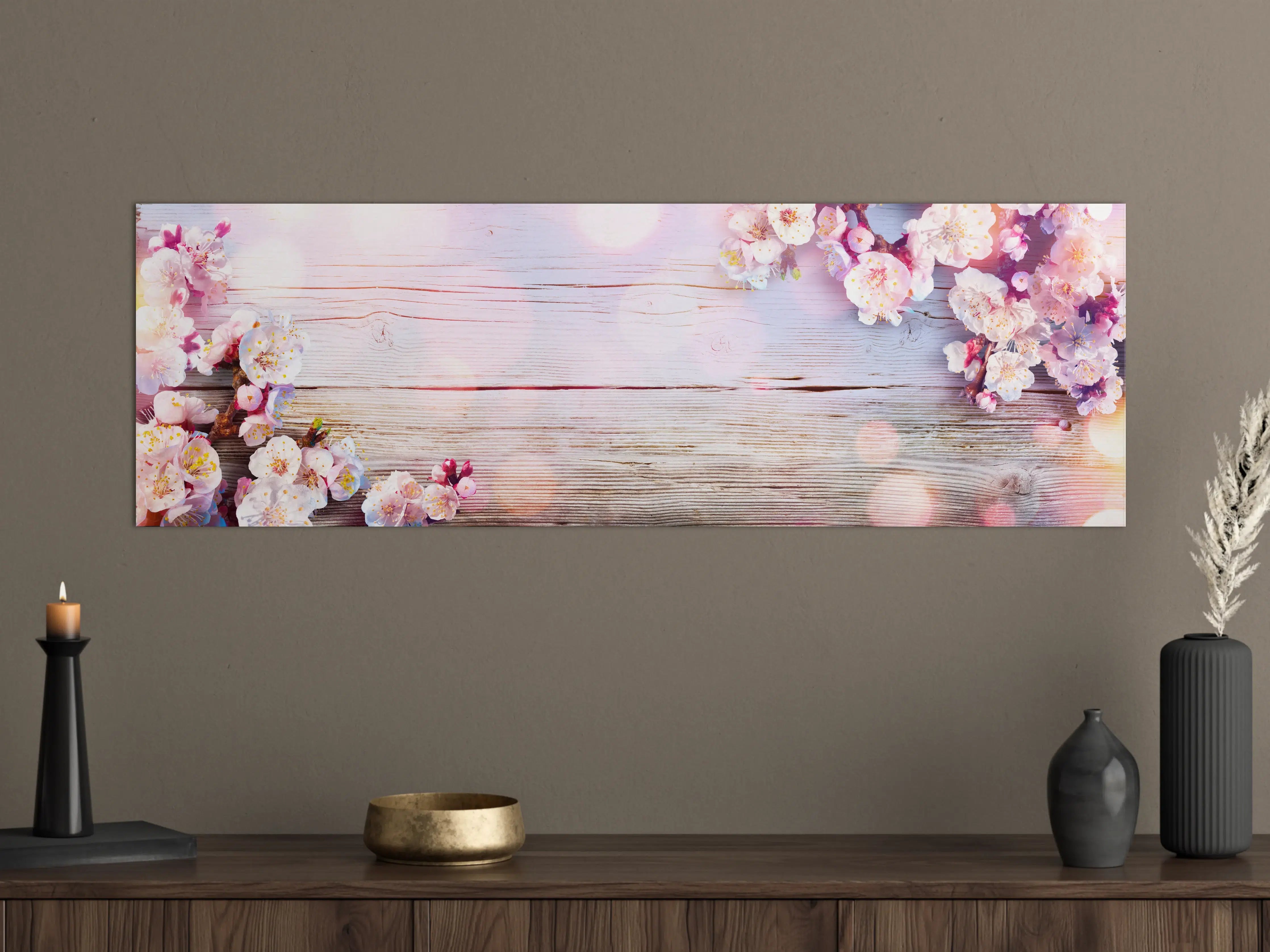 Große Wandbilder - Rosa Blüten auf Holzplatte