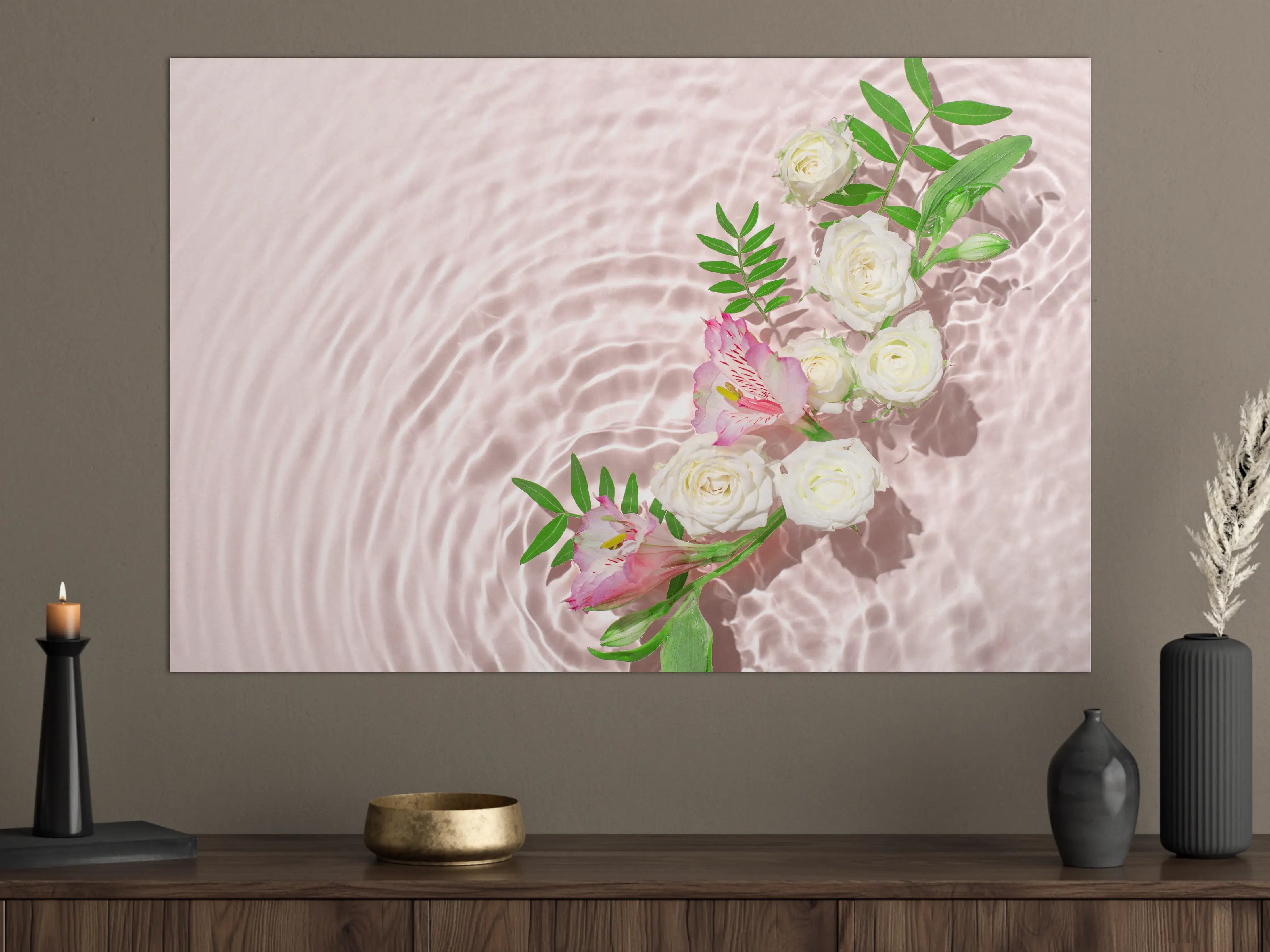 Große Wandbilder - Rosa Blumen auf Wasser