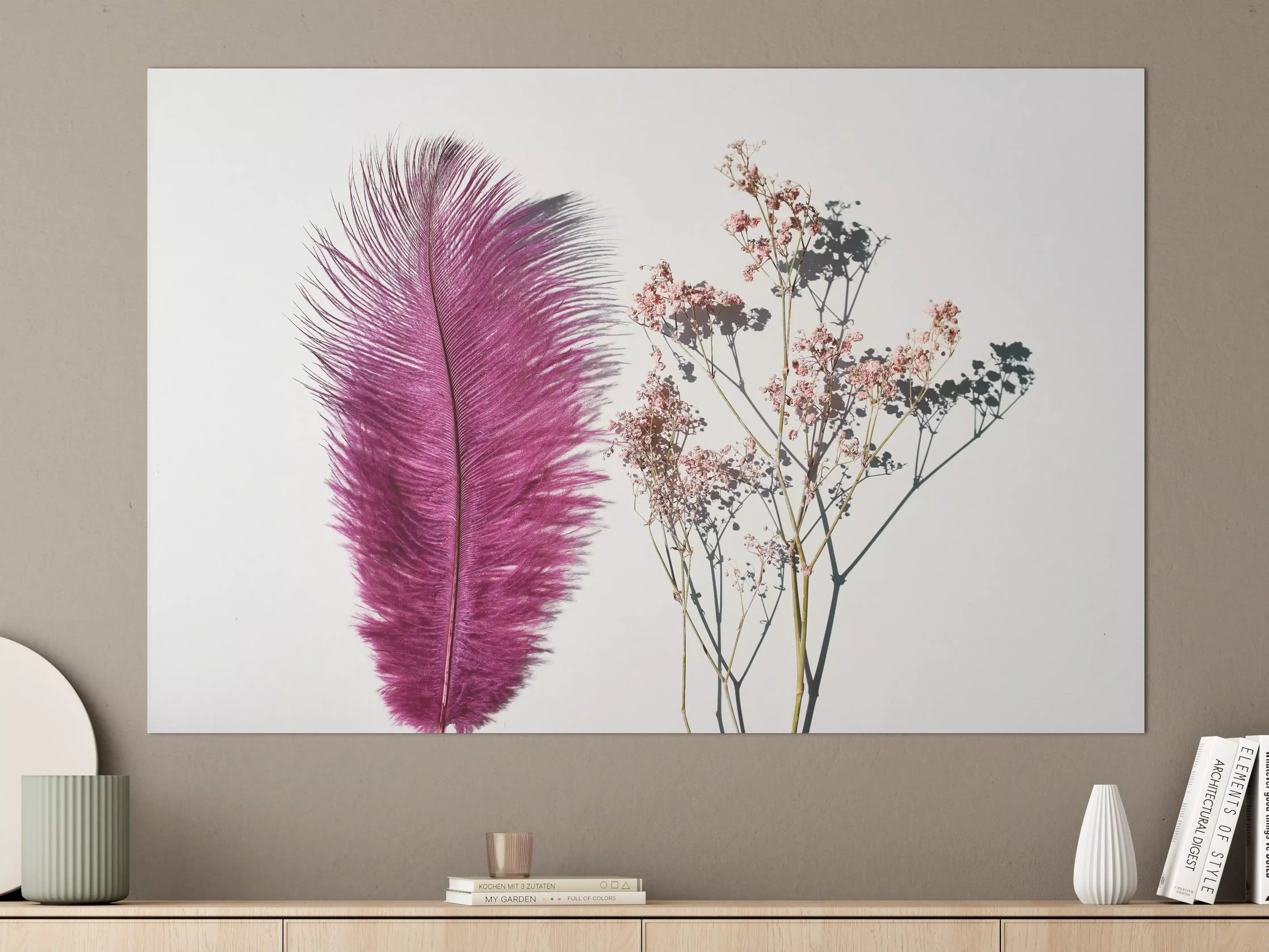 Große Wandbilder - Rosa Feder und Trockenblumen