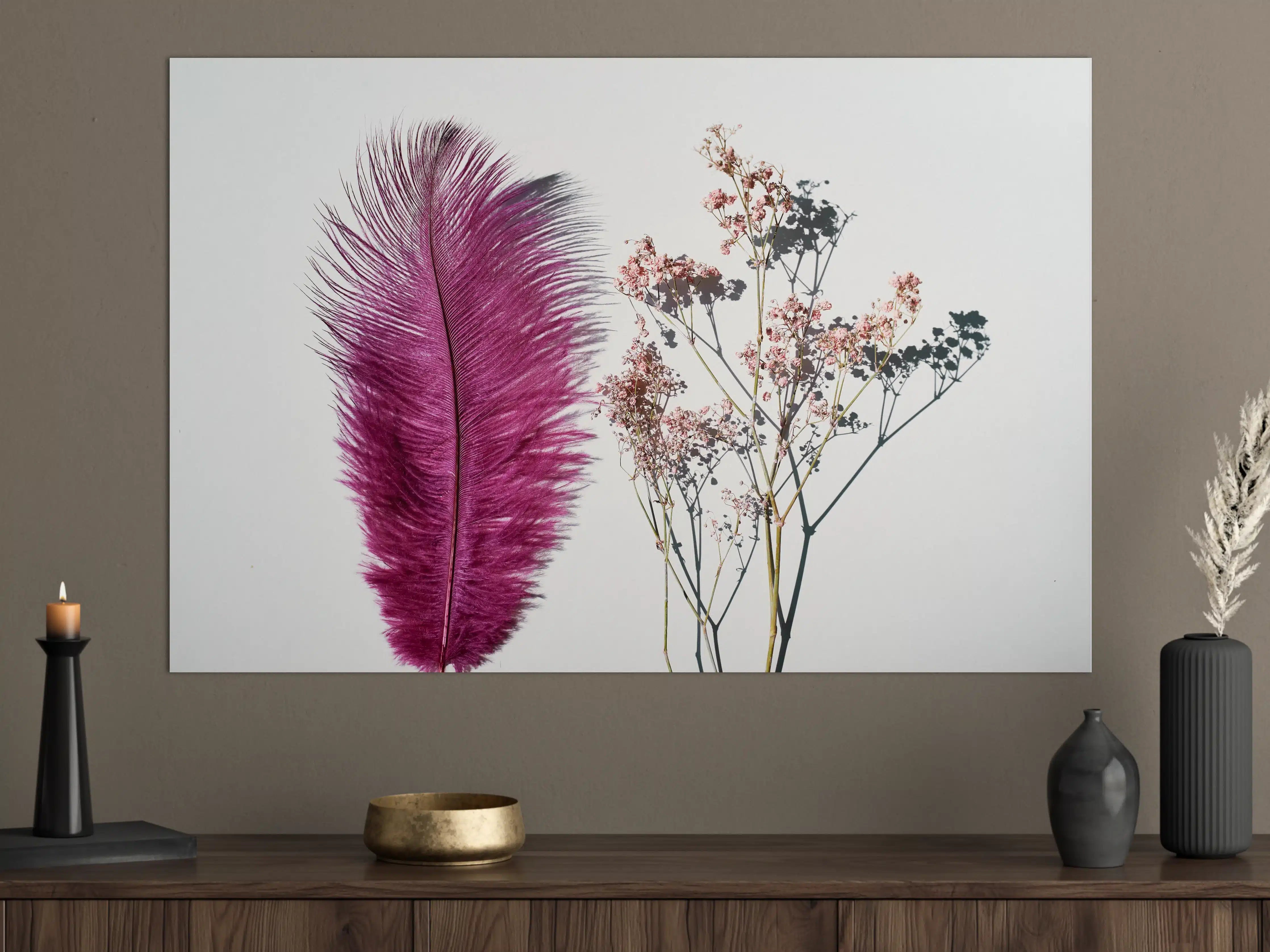 Große Wandbilder - Rosa Feder und Trockenblumen
