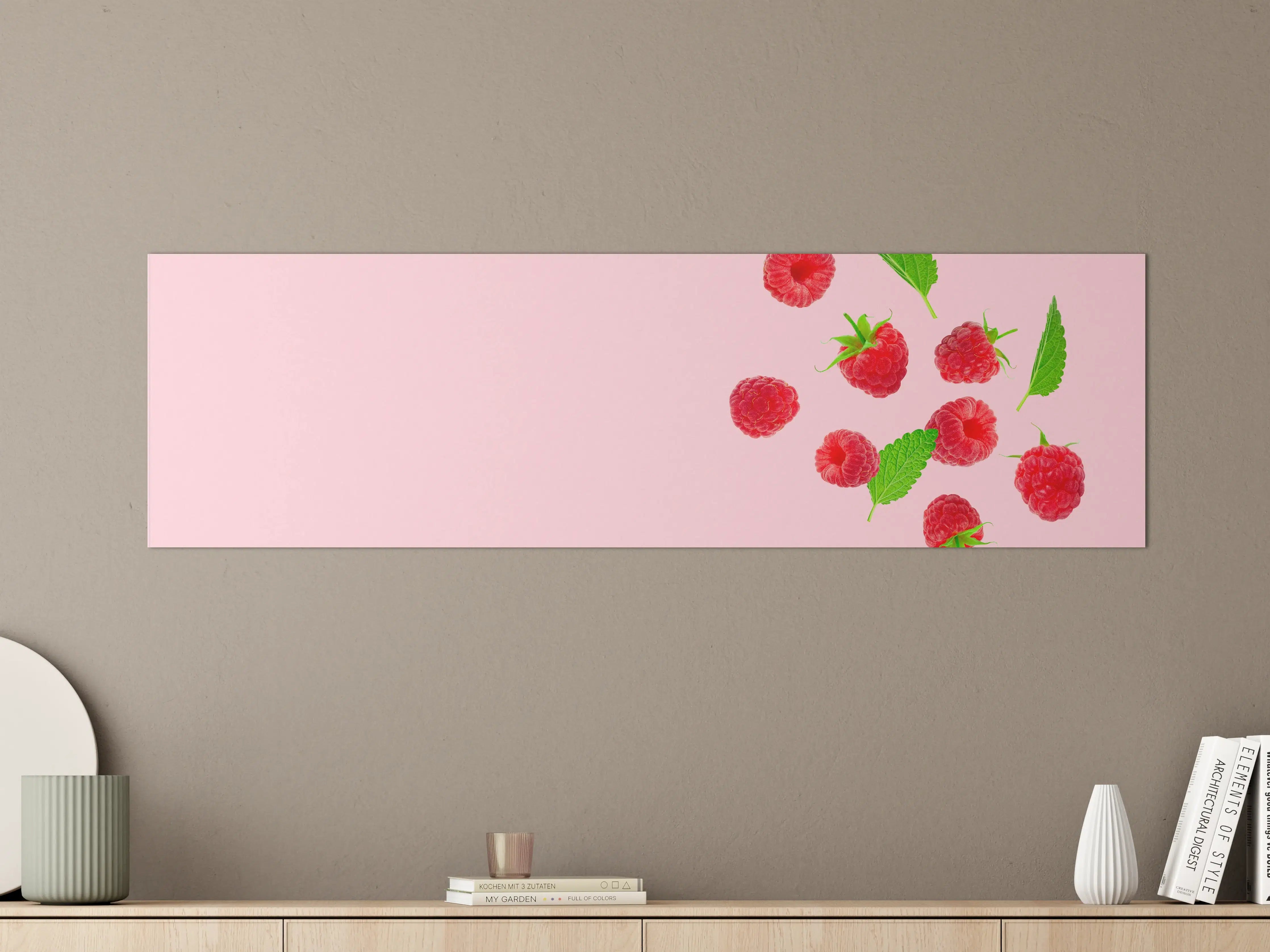Große Wandbilder - Rosa Himbeeren mit Minze