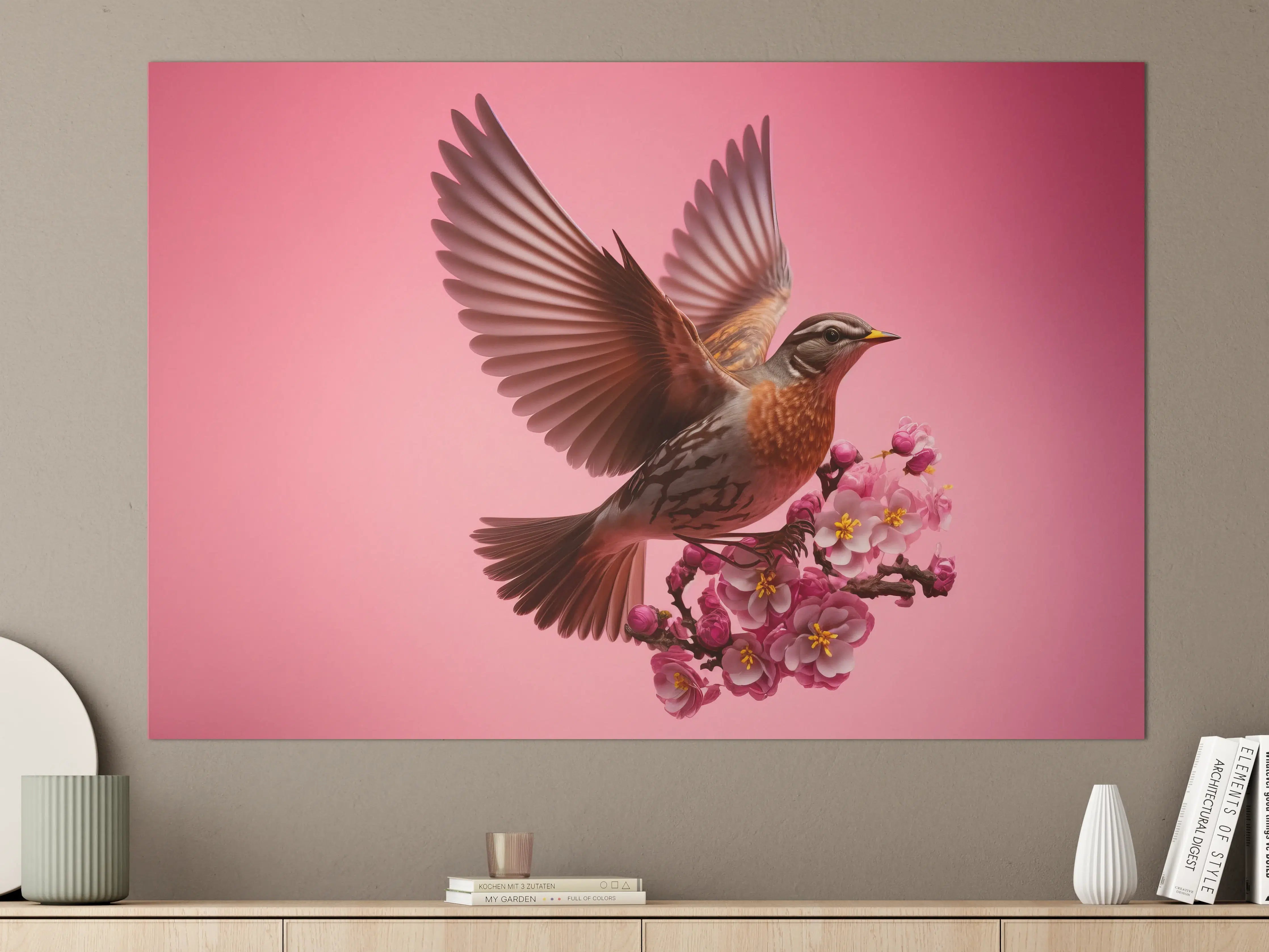 Große Wandbilder - Rosa Kirschblüten Vogelflug
