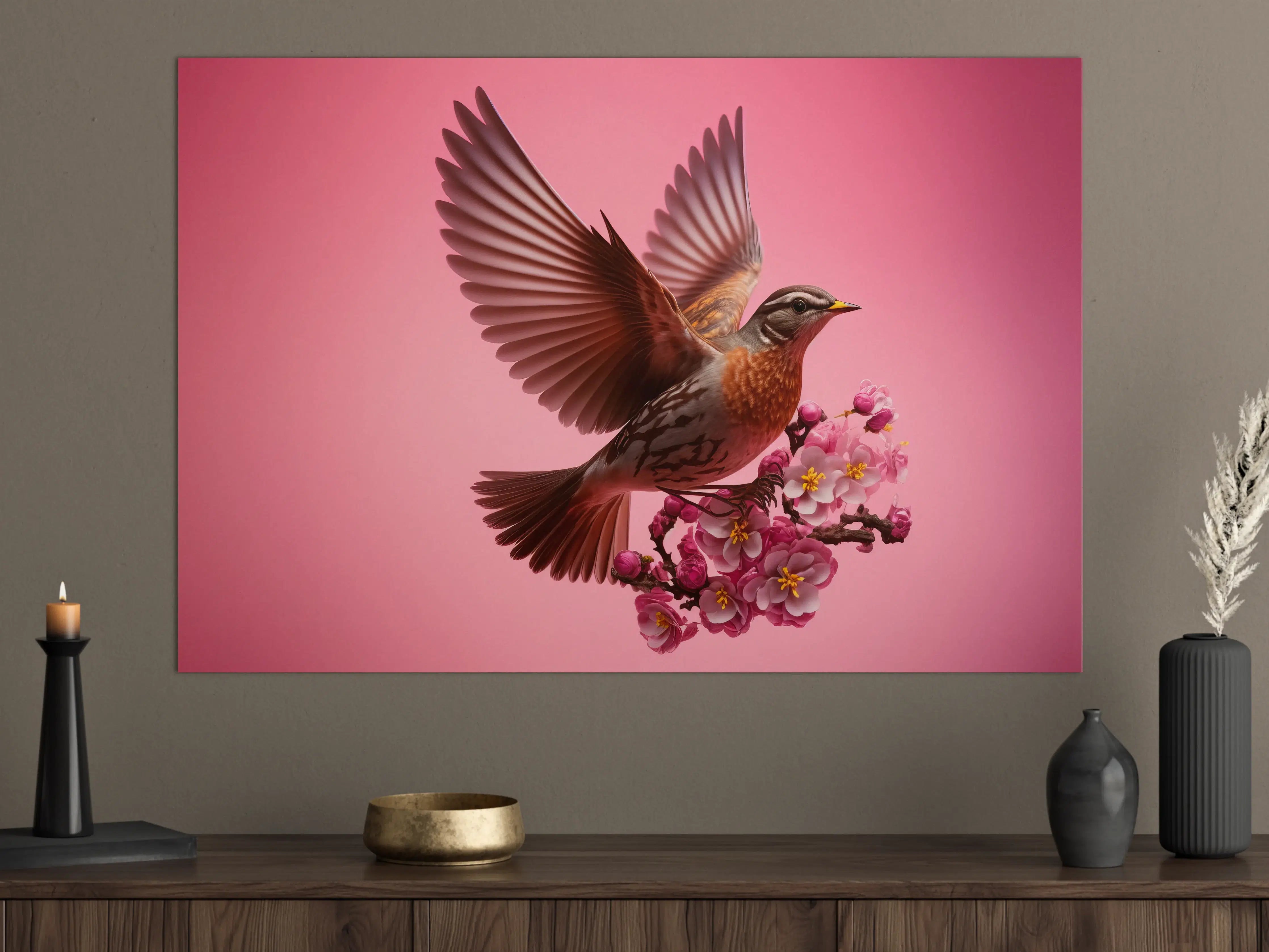 Große Wandbilder - Rosa Kirschblüten Vogelflug