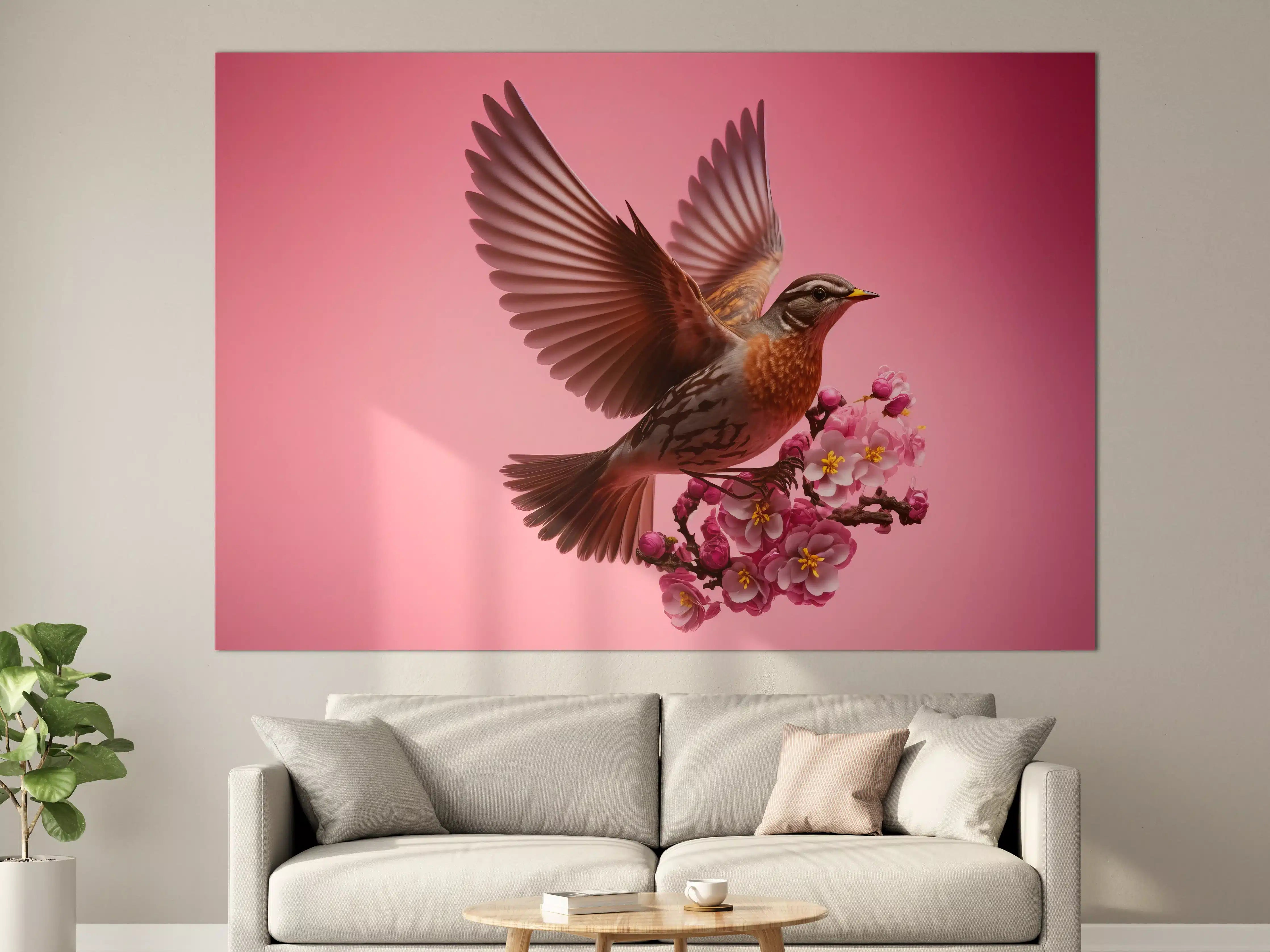 Große Wandbilder - Rosa Kirschblüten Vogelflug