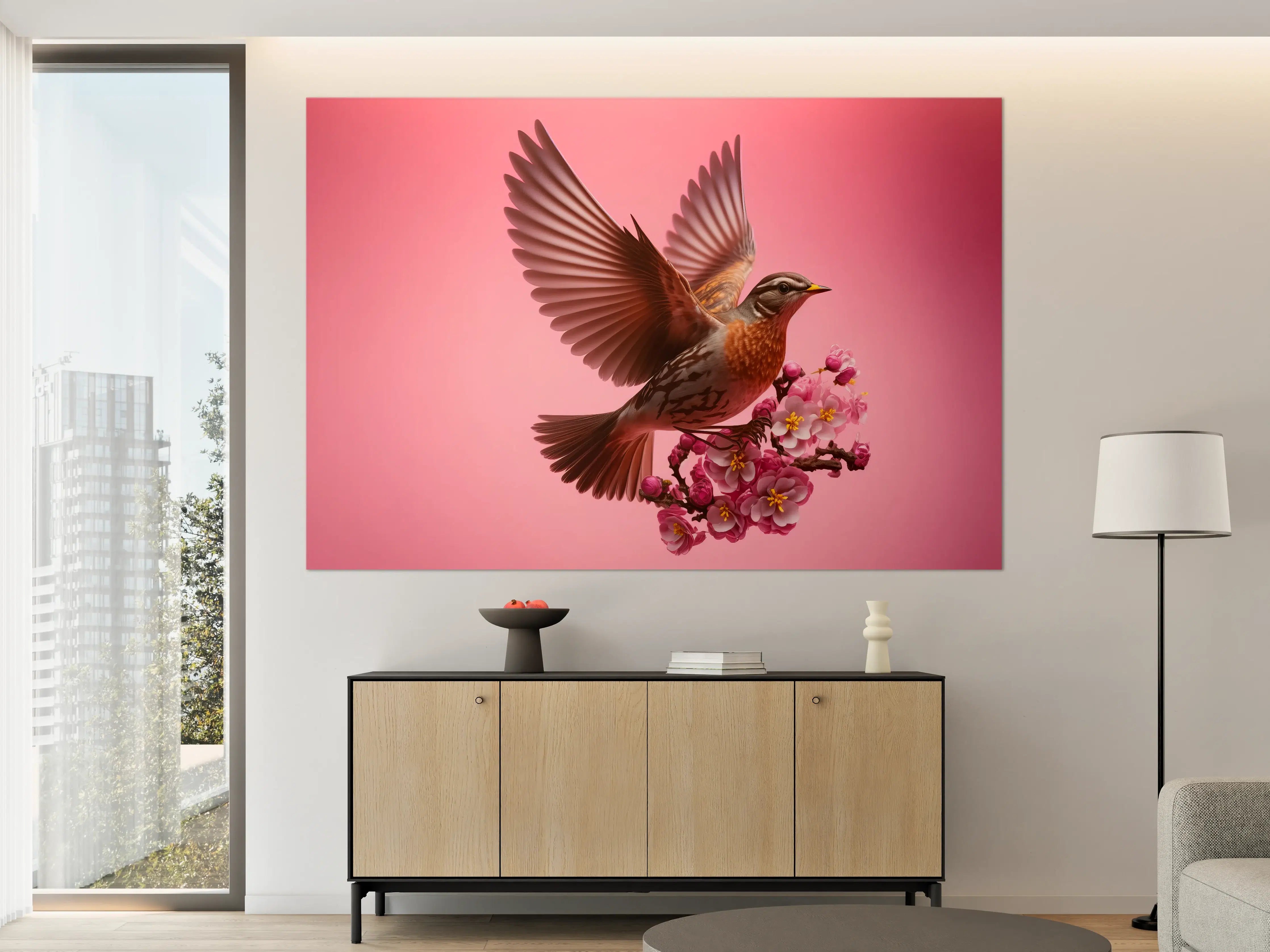 Große Wandbilder - Rosa Kirschblüten Vogelflug