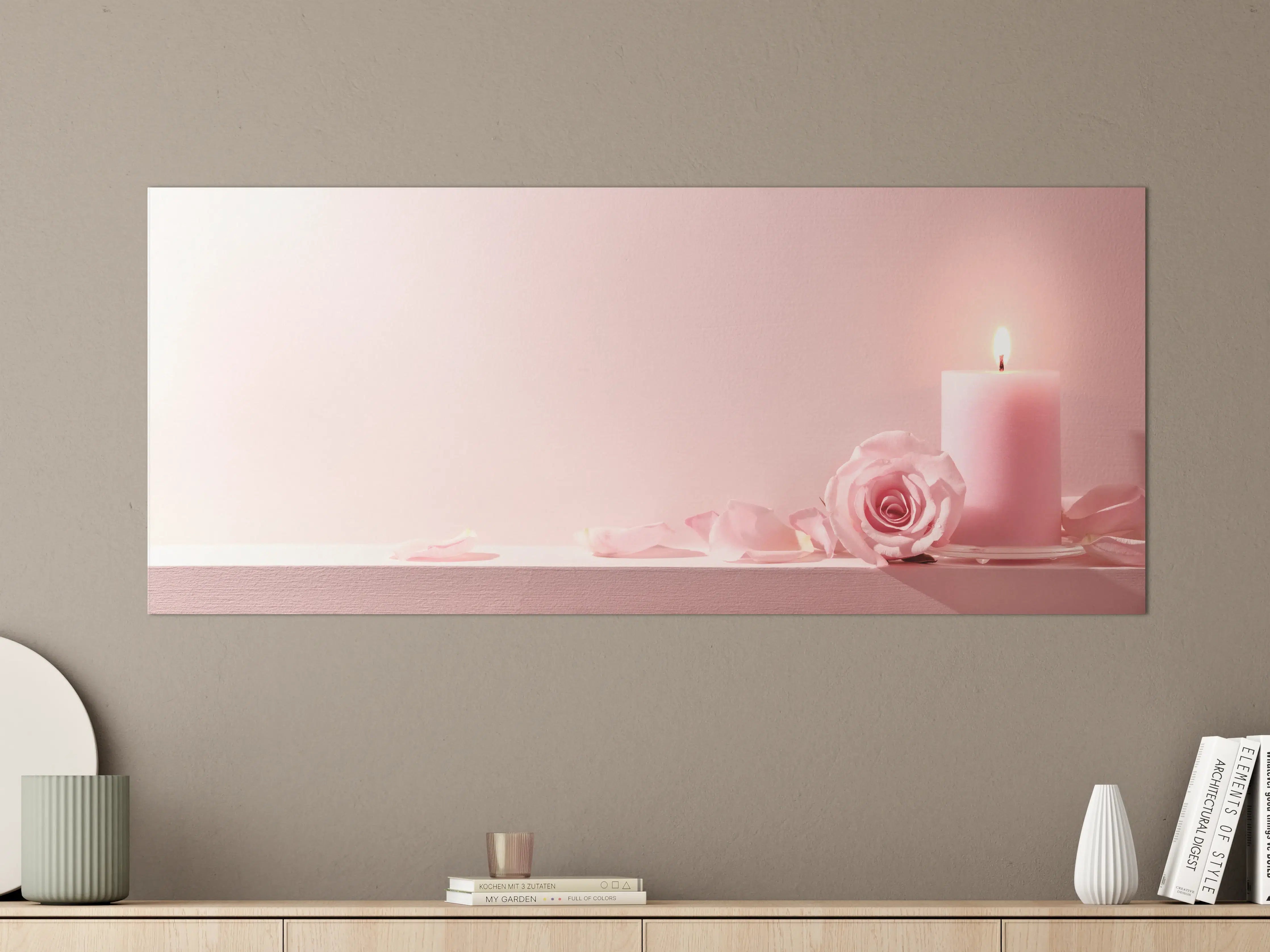 Große Wandbilder - Rosa Rosen und Kerze auf einem rosa Hintergrund