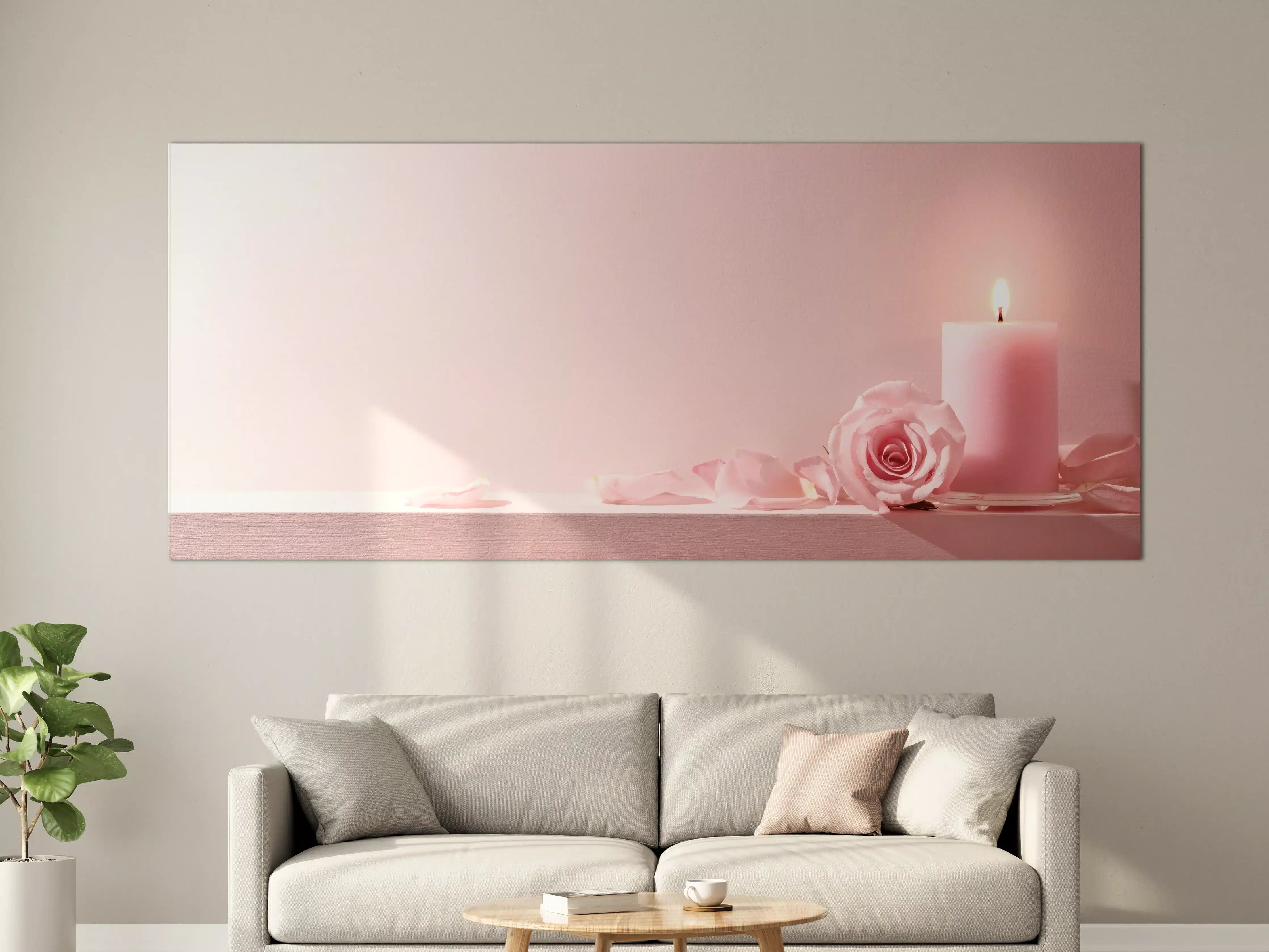Große Wandbilder - Rosa Rosen und Kerze auf einem rosa Hintergrund