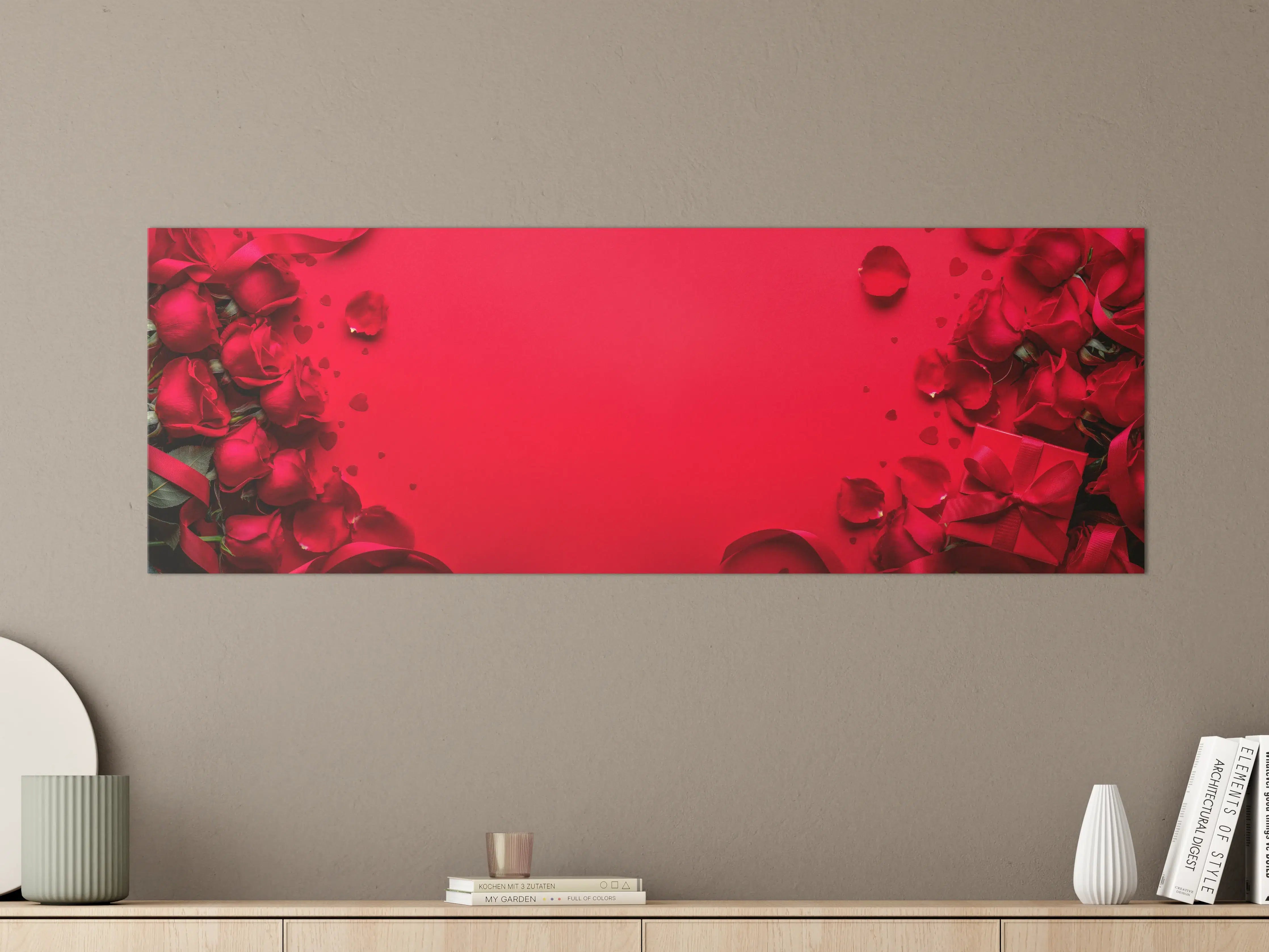 Große Wandbilder - Rosengeschenk auf rotem Hintergrund