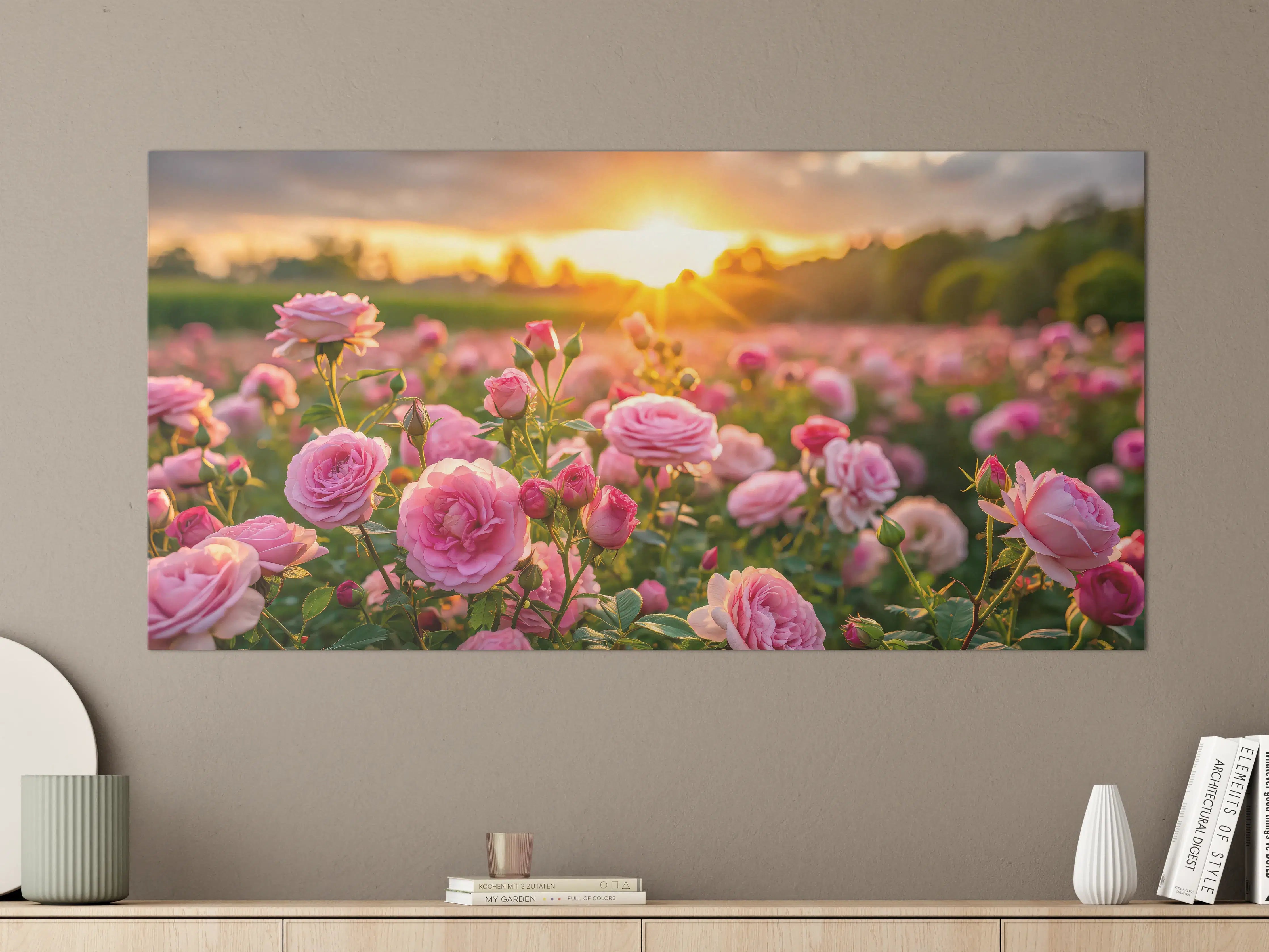 Große Wandbilder - Rosenwiese bei Sonnenuntergang