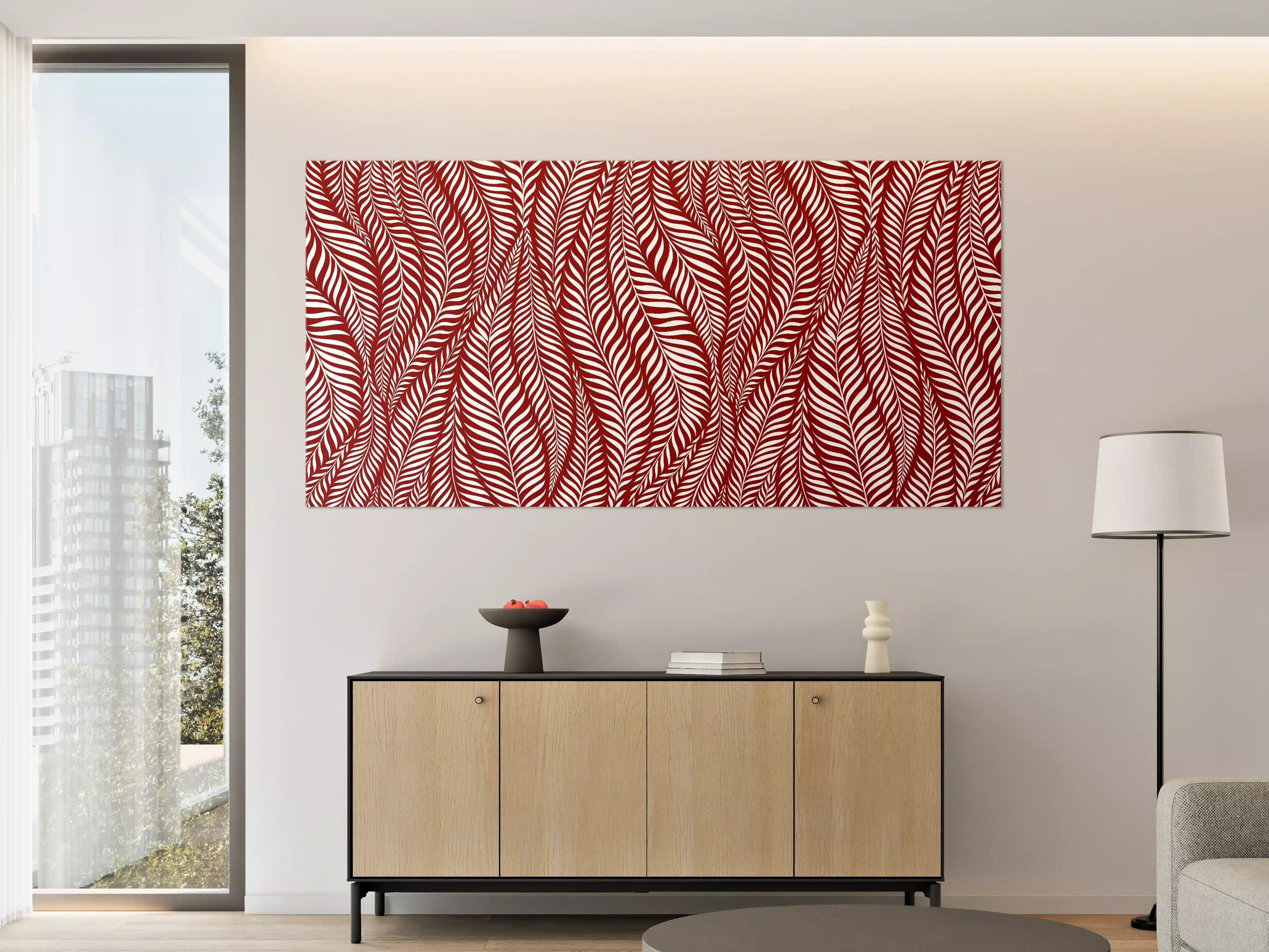 Große Wandbilder - Rot-Weiße Blattmusterwand mit klaren Linien