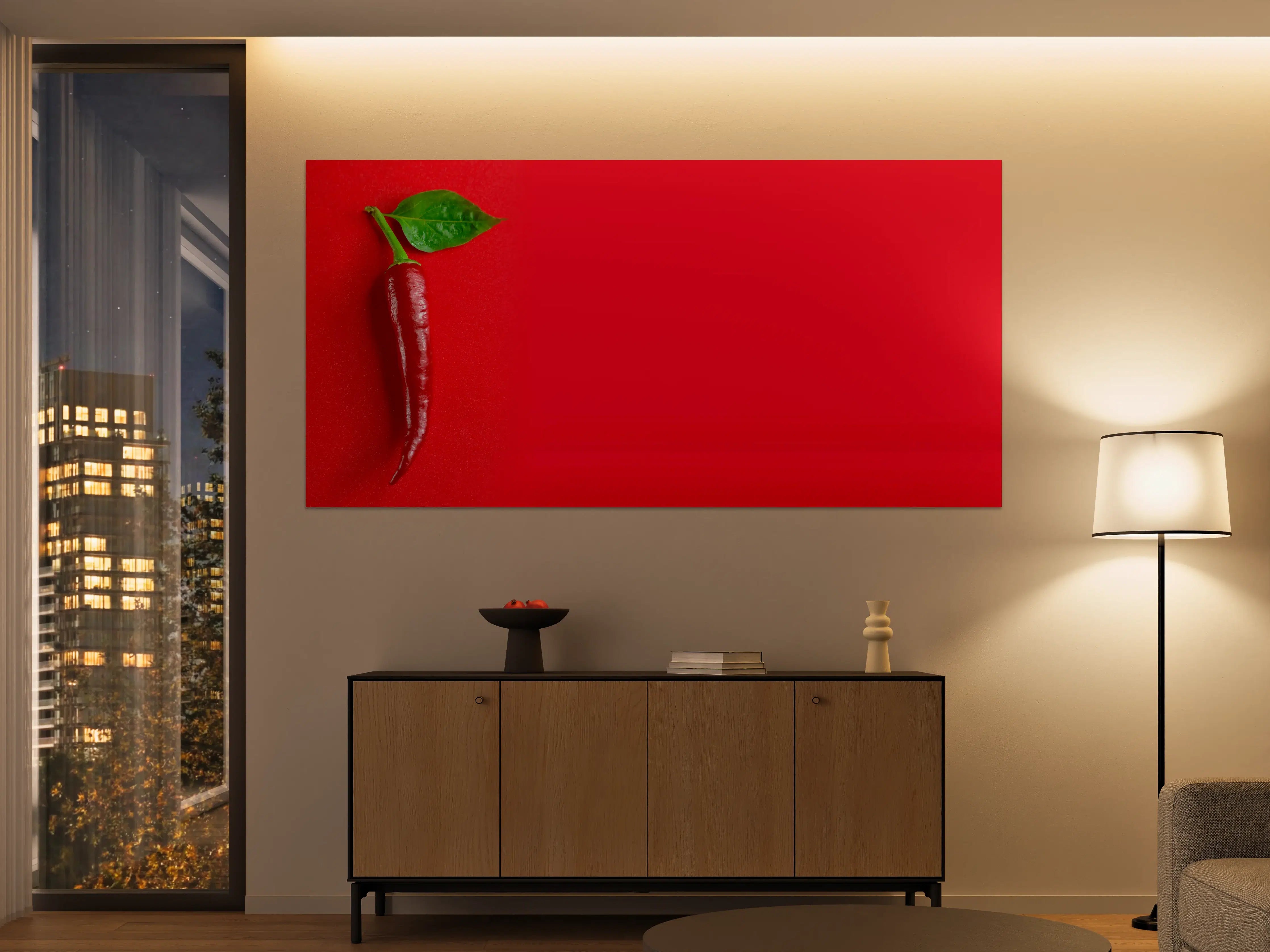 Große Wandbilder - Rote Chili mit grünem Blatt