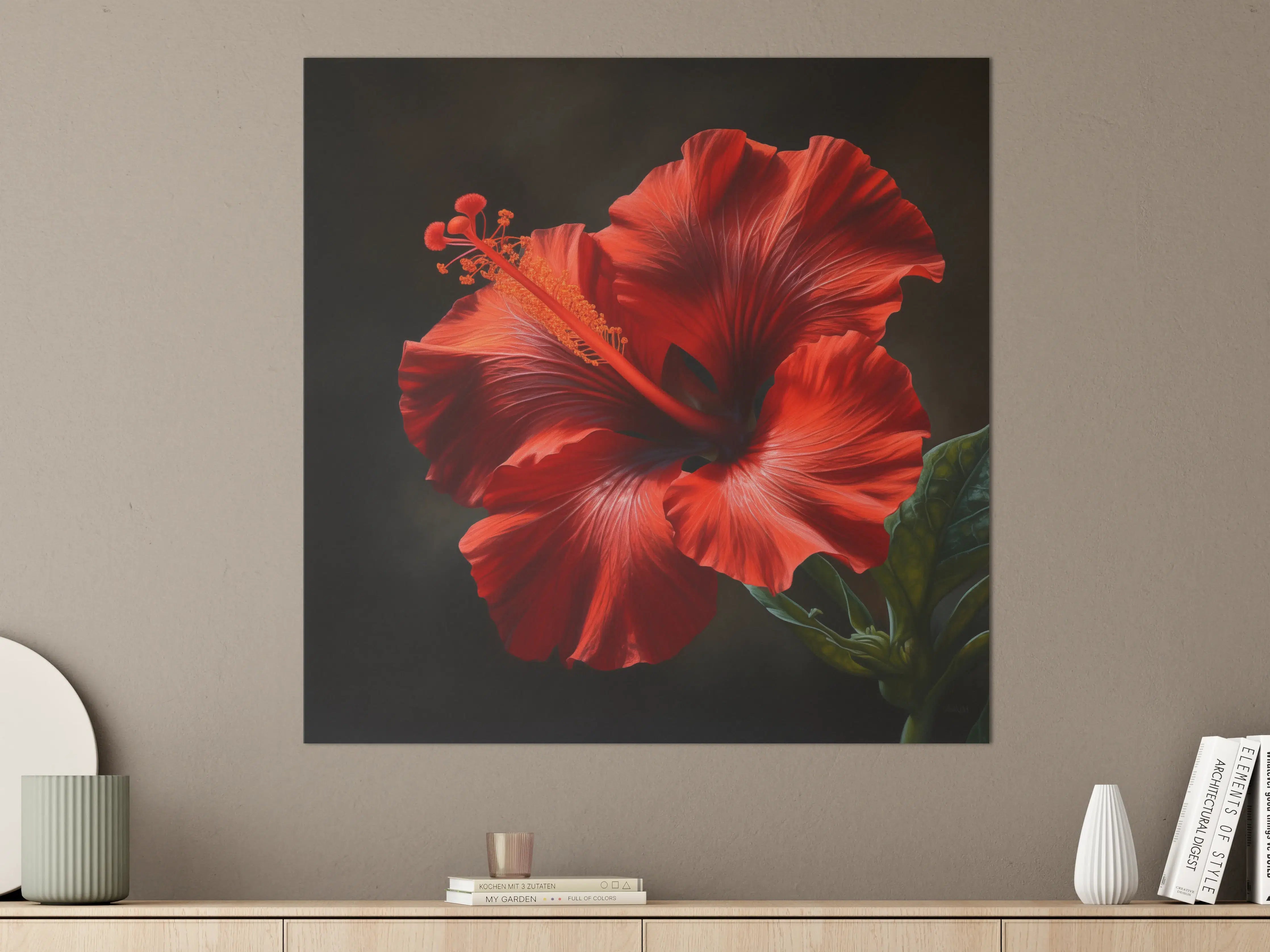 Große Wandbilder - Rote Hibiskusblüte vor dunklem Hintergrund