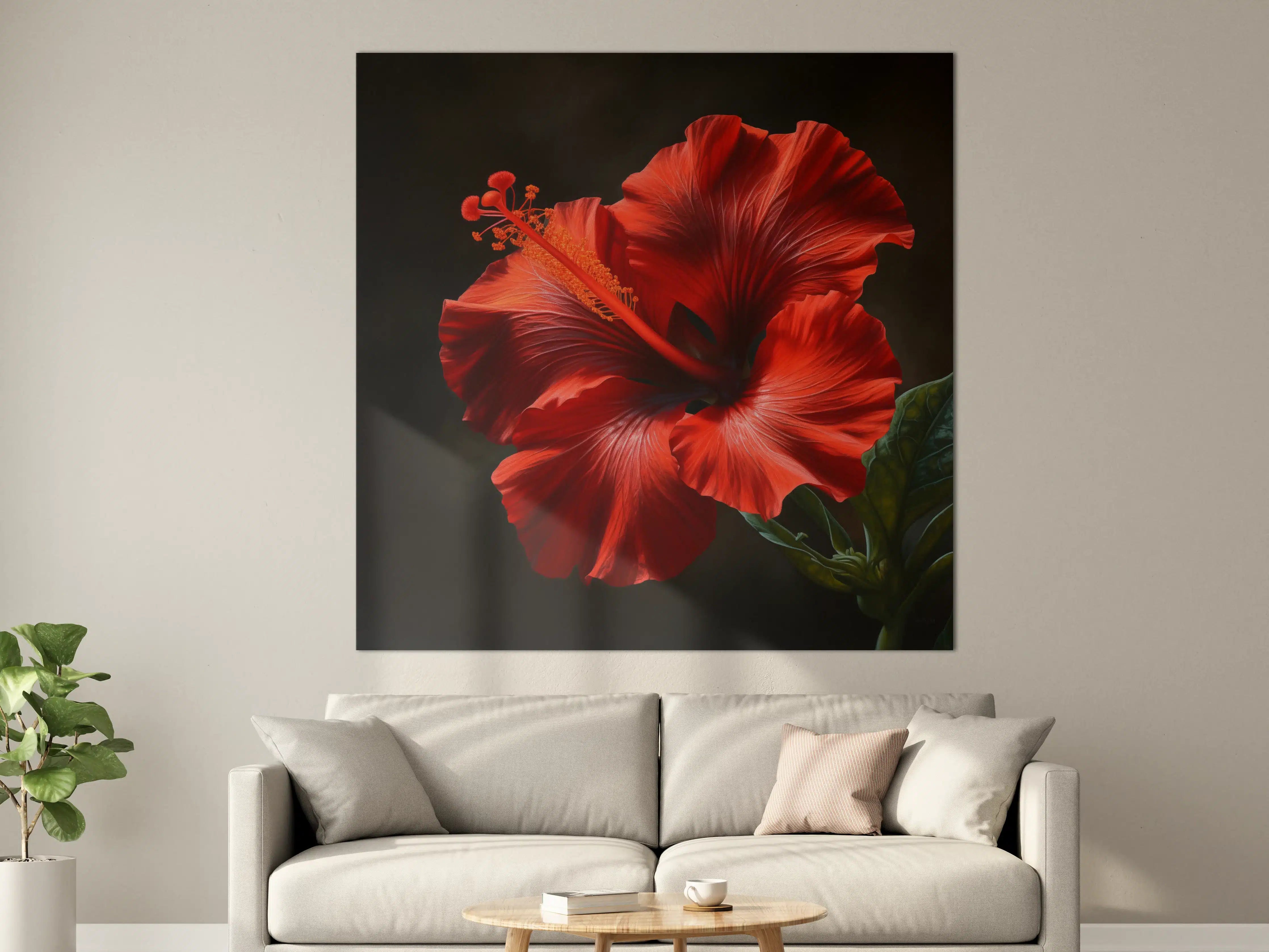 Große Wandbilder - Rote Hibiskusblüte vor dunklem Hintergrund