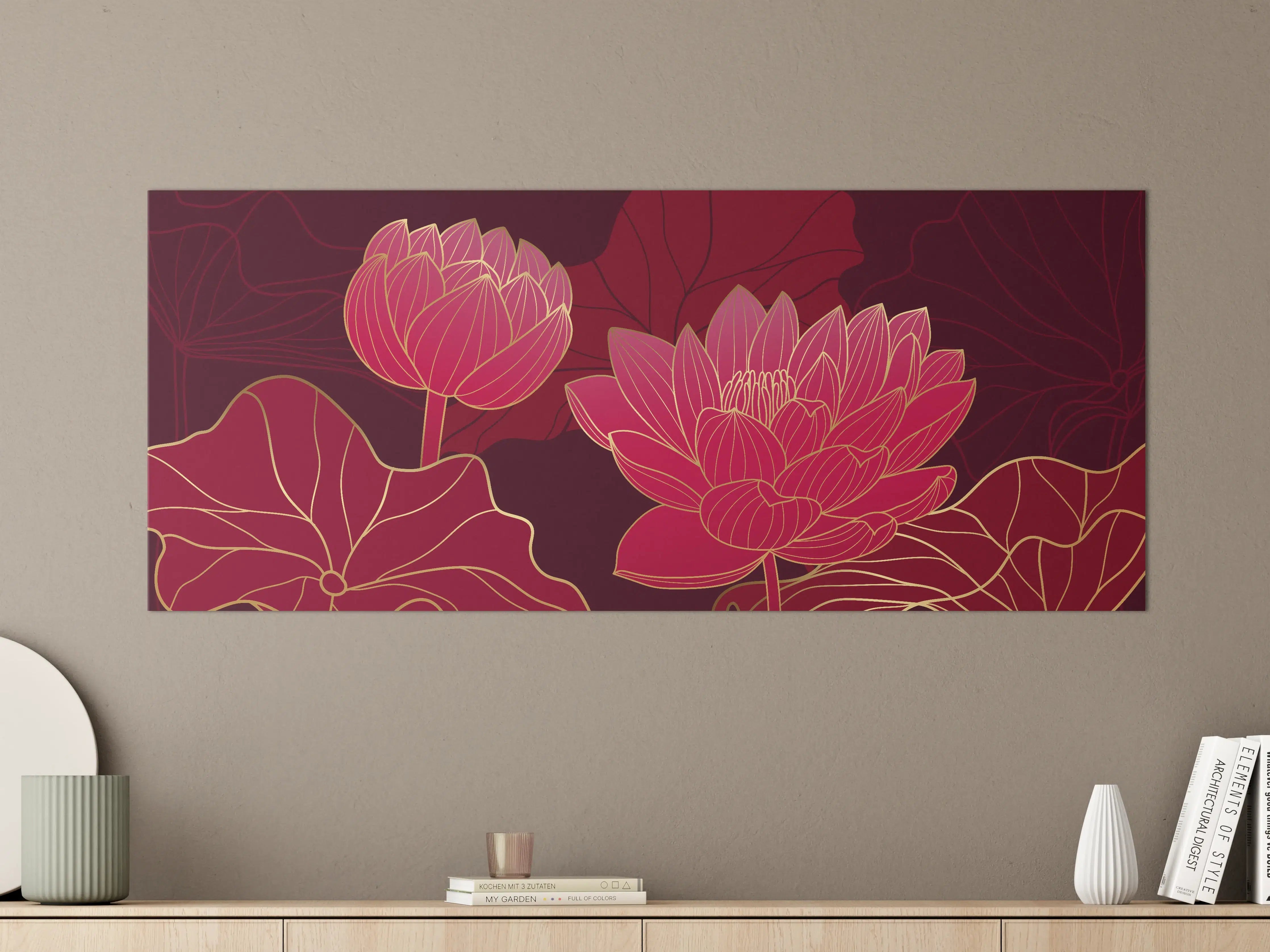 Große Wandbilder - Rote Lotusblüten Lineart Design