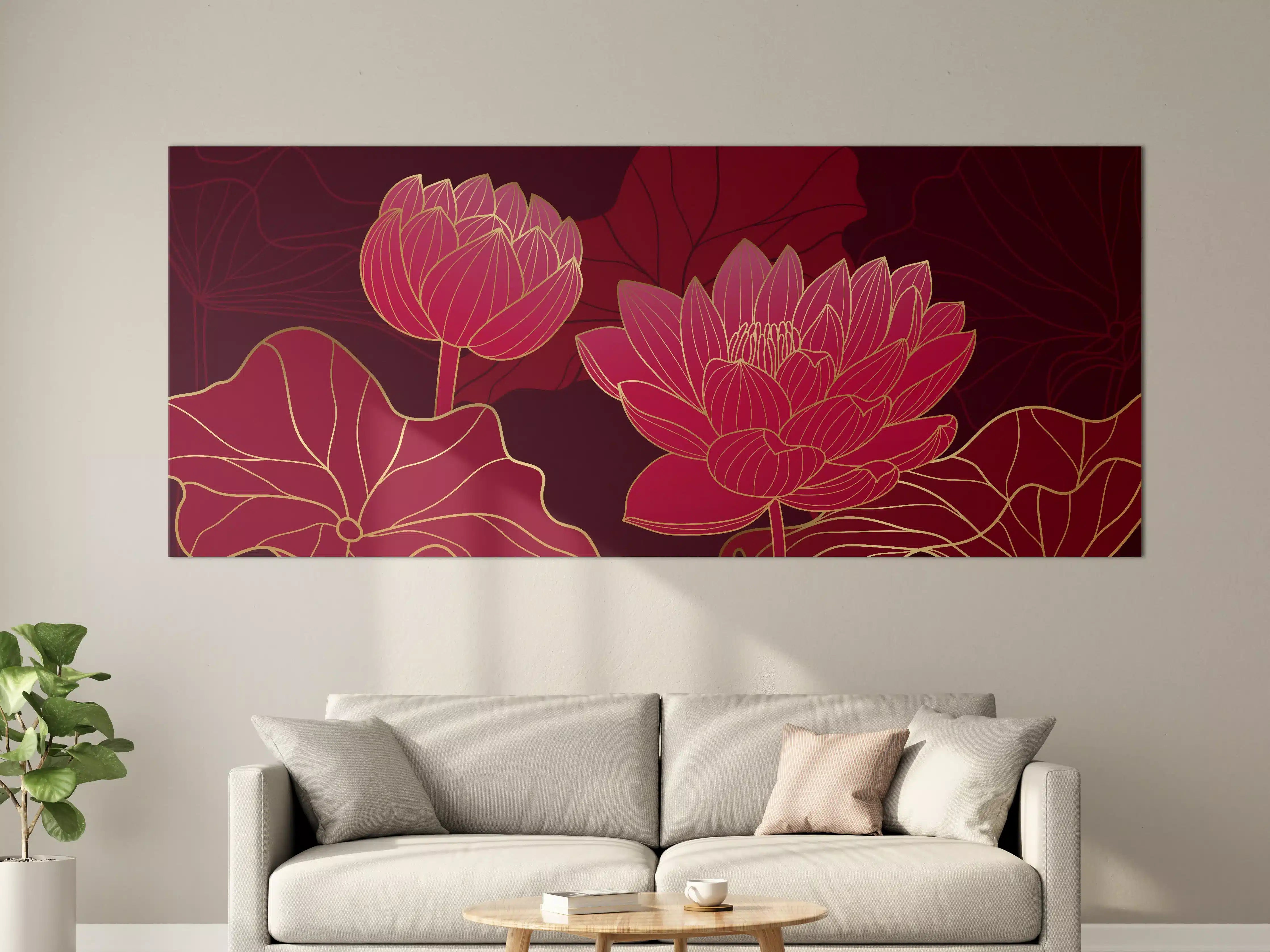 Große Wandbilder - Rote Lotusblüten Lineart Design