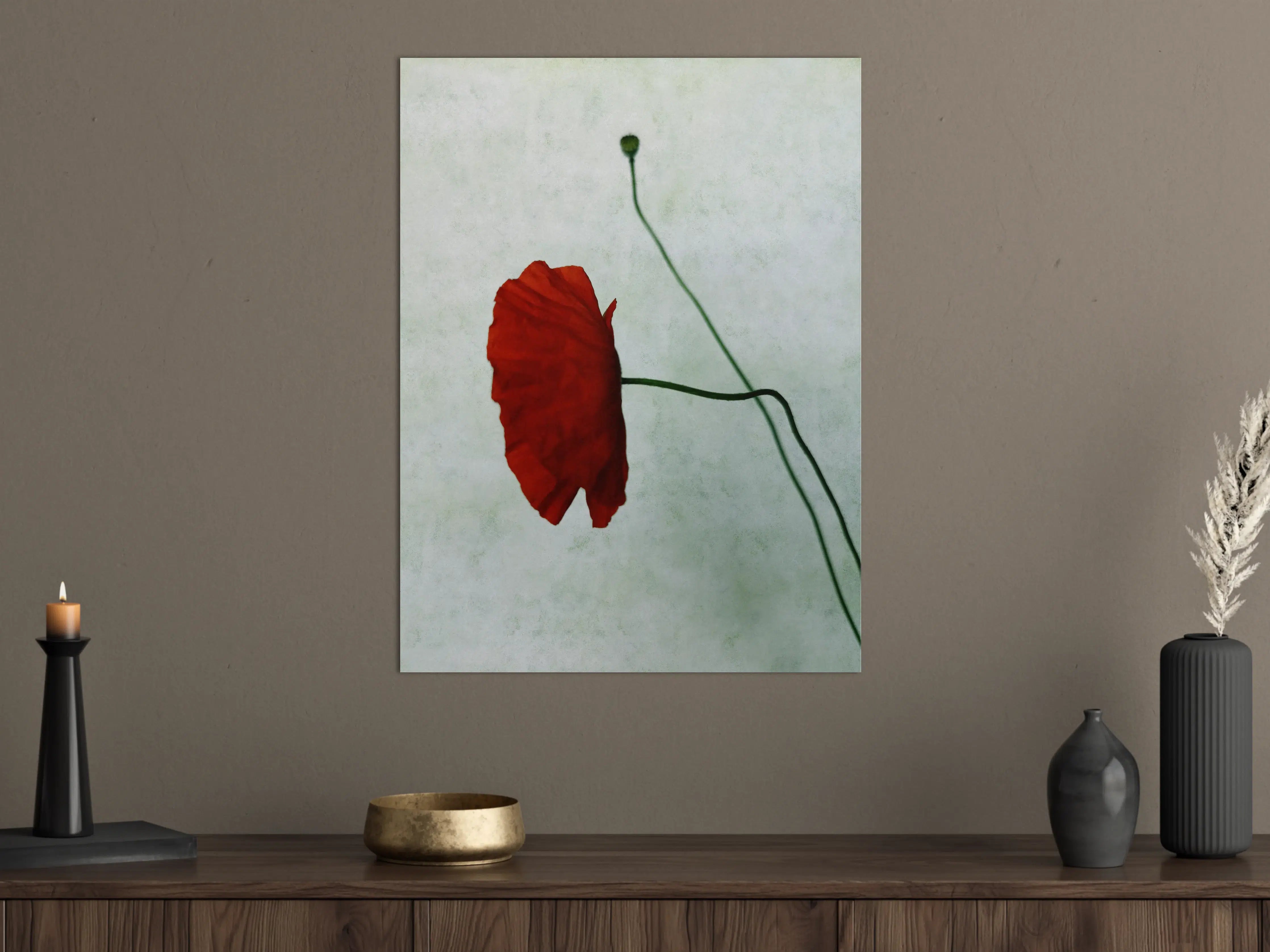 Große Wandbilder - Rote Mohnblume mit grünem Stängel