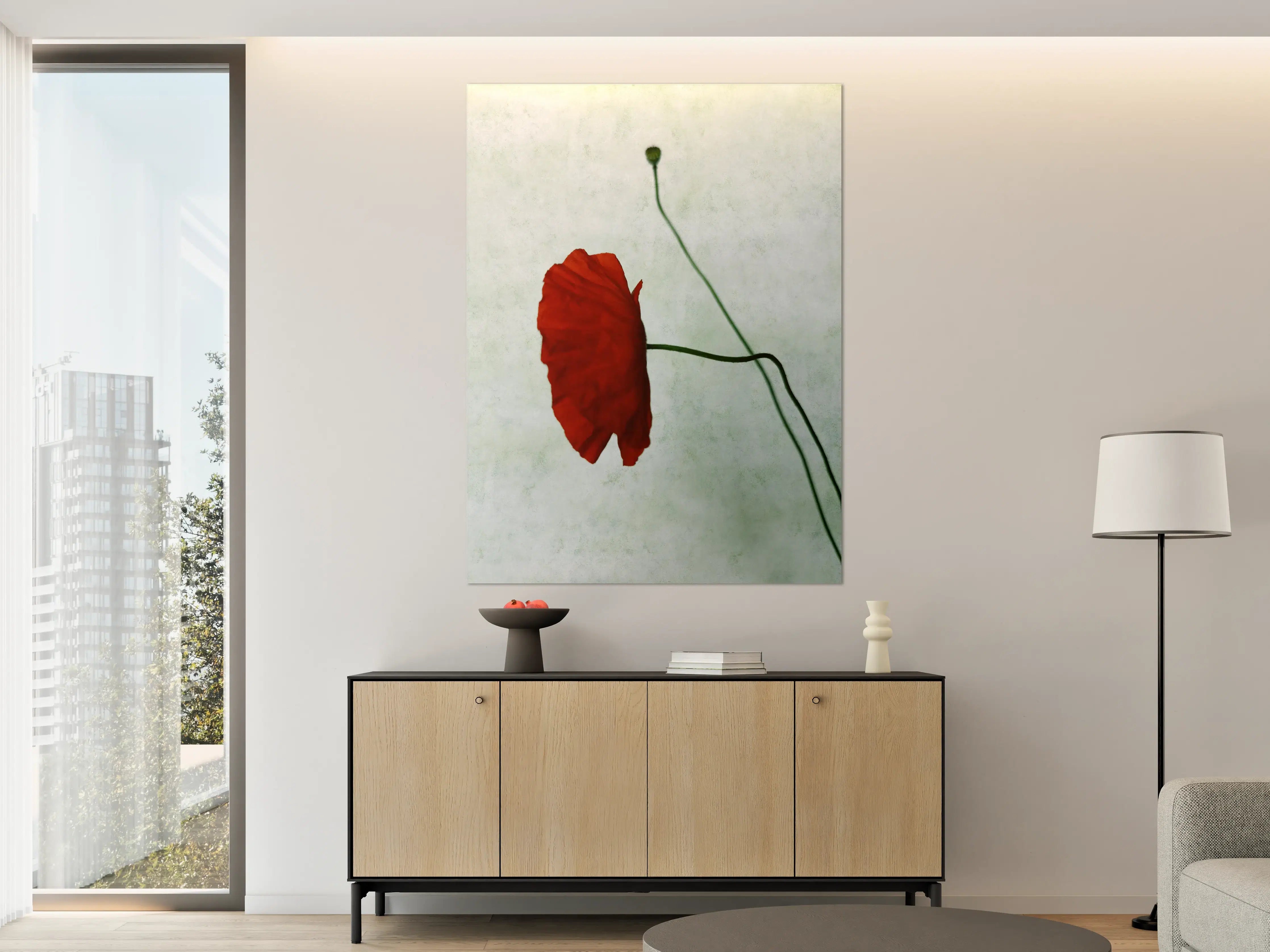 Große Wandbilder - Rote Mohnblume mit grünem Stängel