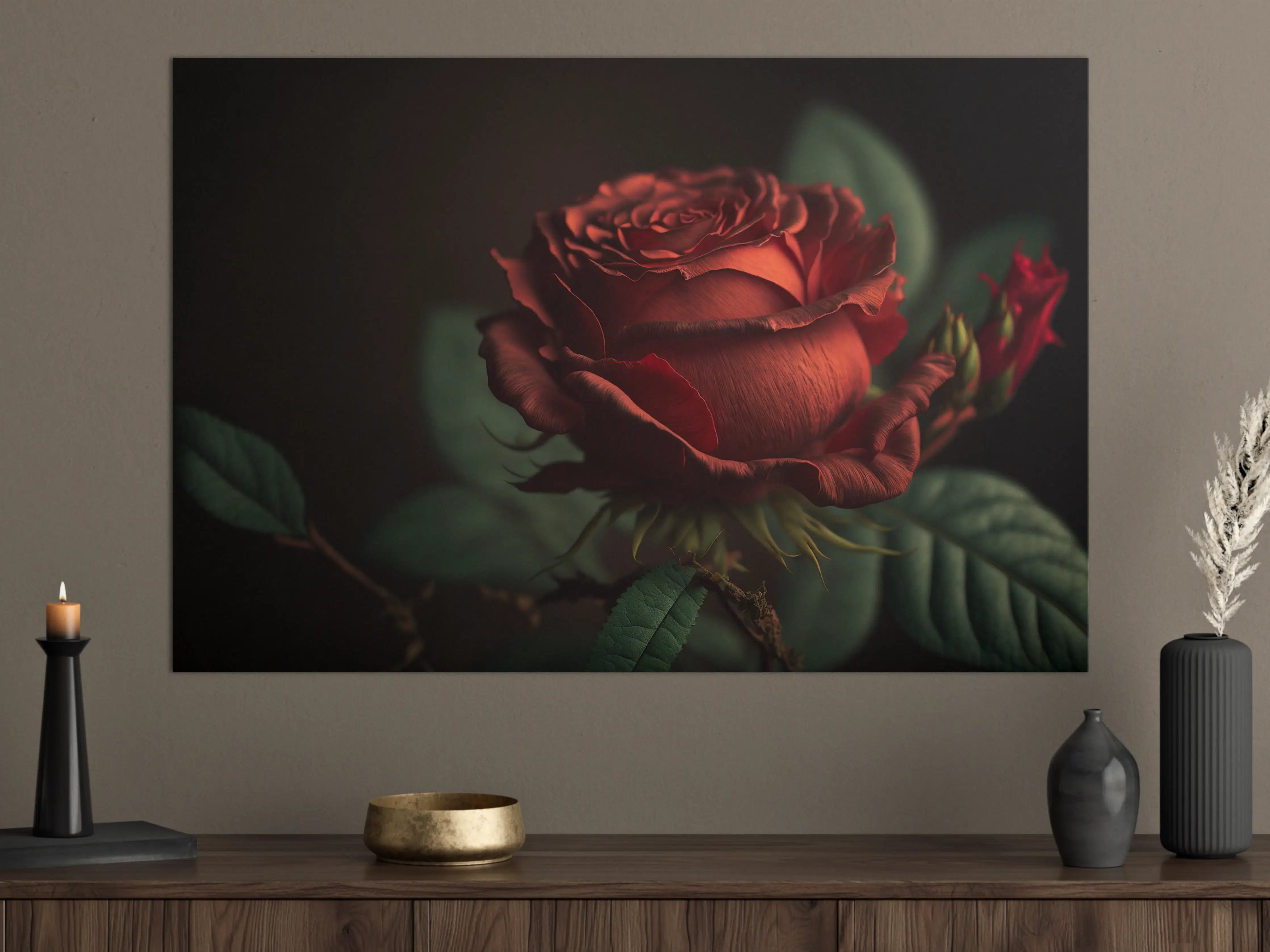 Große Wandbilder - Rote Rosenblüte auf dunklem Hintergrund