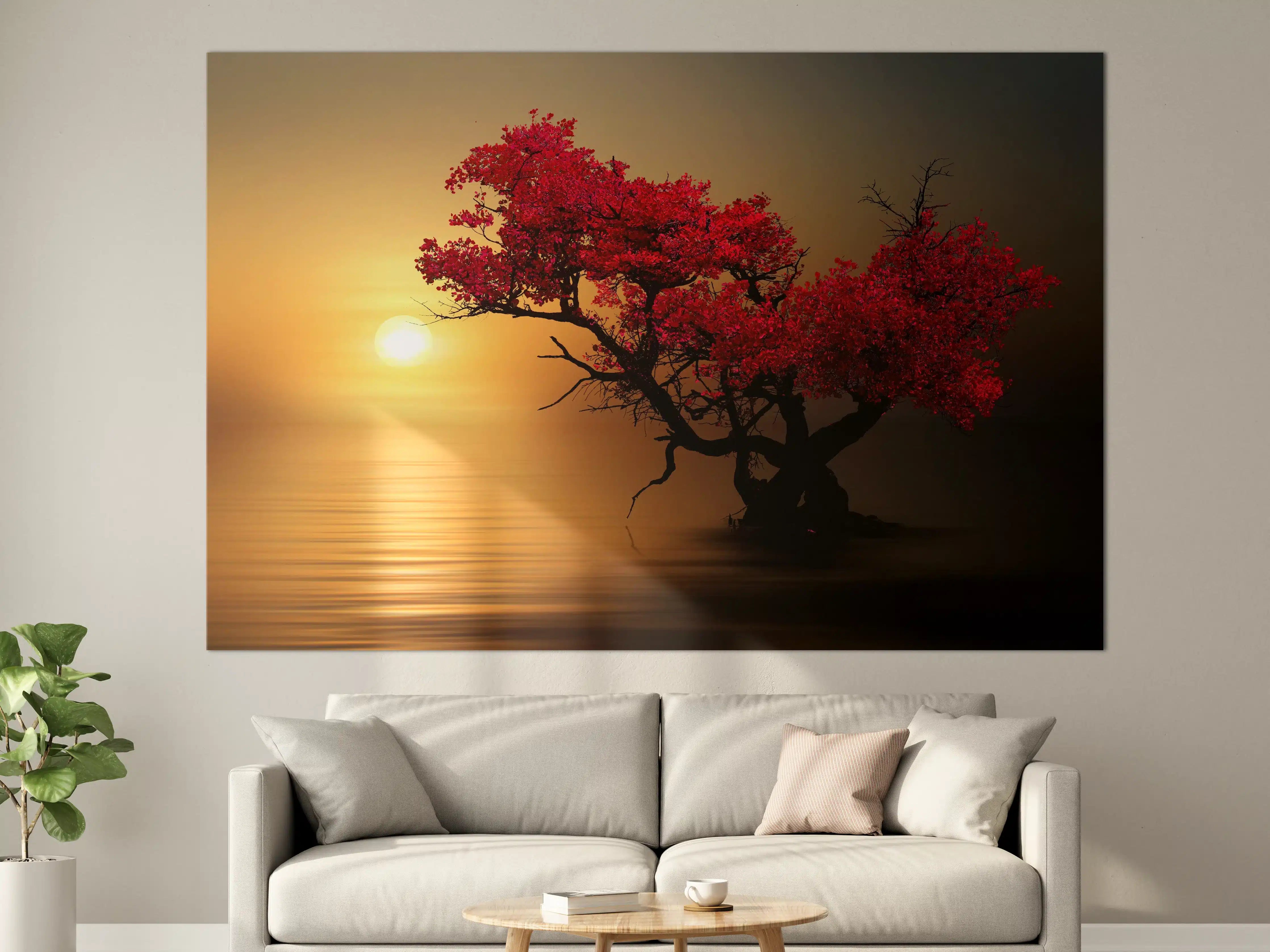 Große Wandbilder - Roter Bonsai-Baum bei Sonnenuntergang