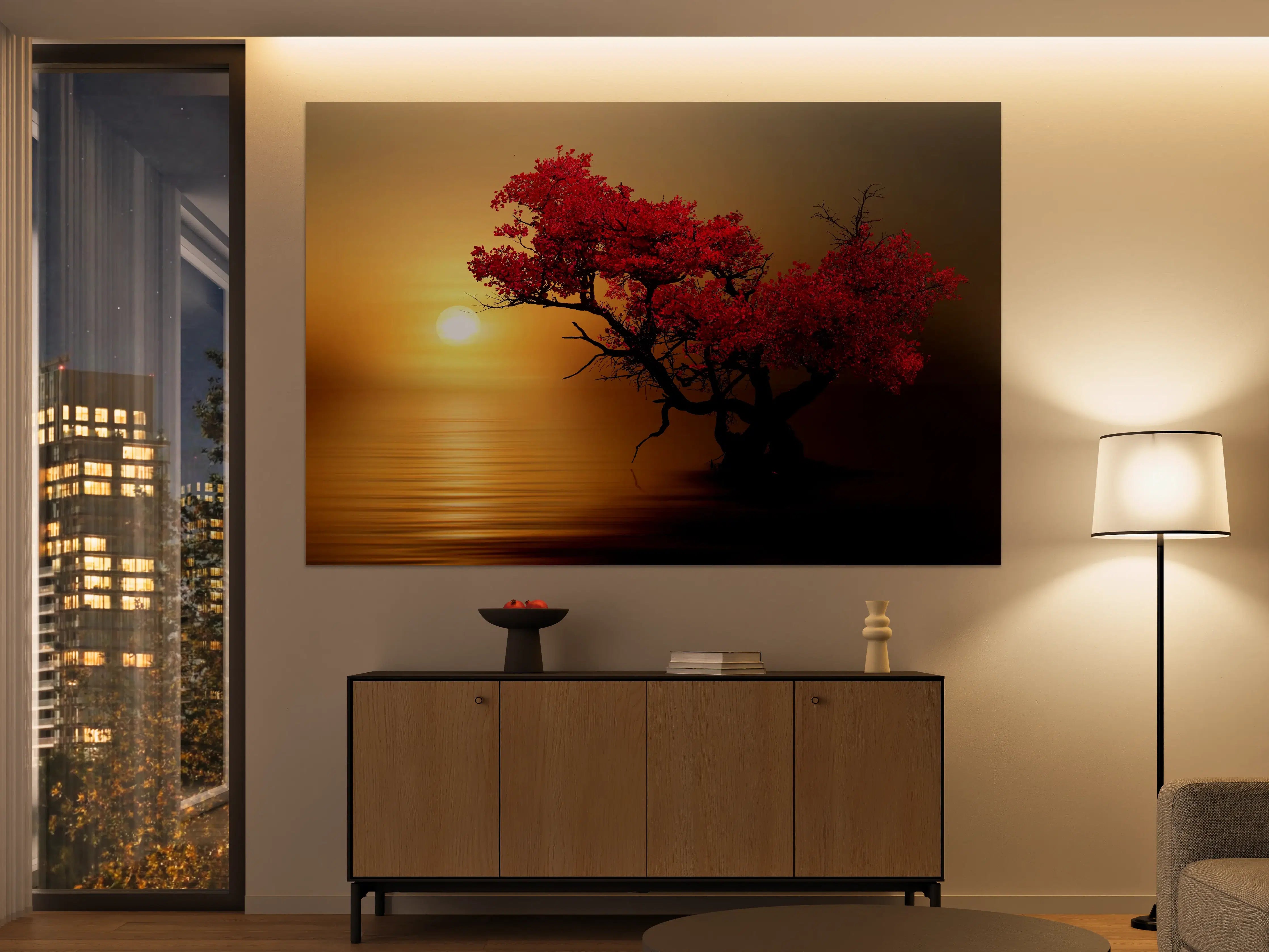 Große Wandbilder - Roter Bonsai-Baum bei Sonnenuntergang