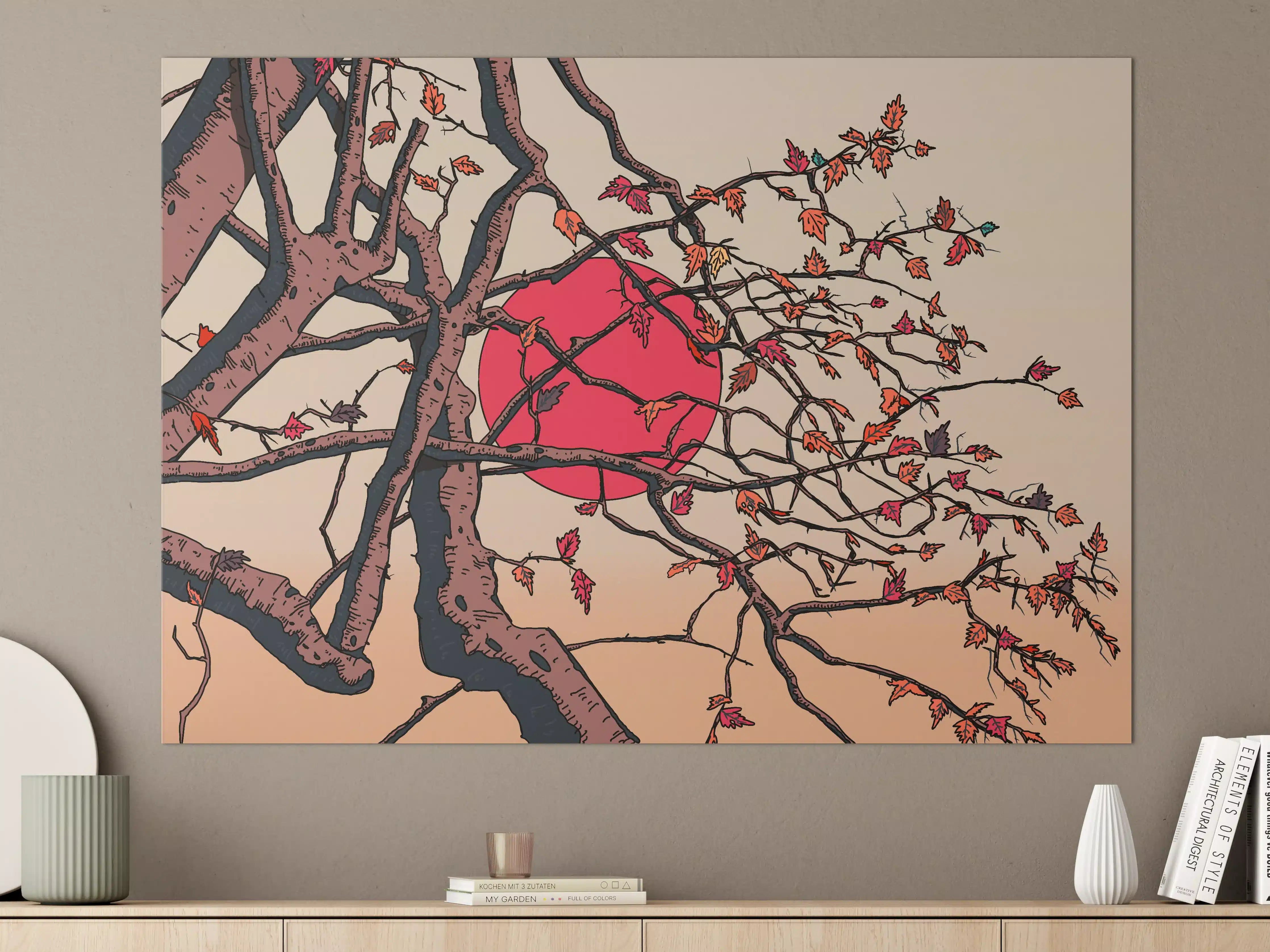 Große Wandbilder - Roter Sonnenuntergang hinter Baum