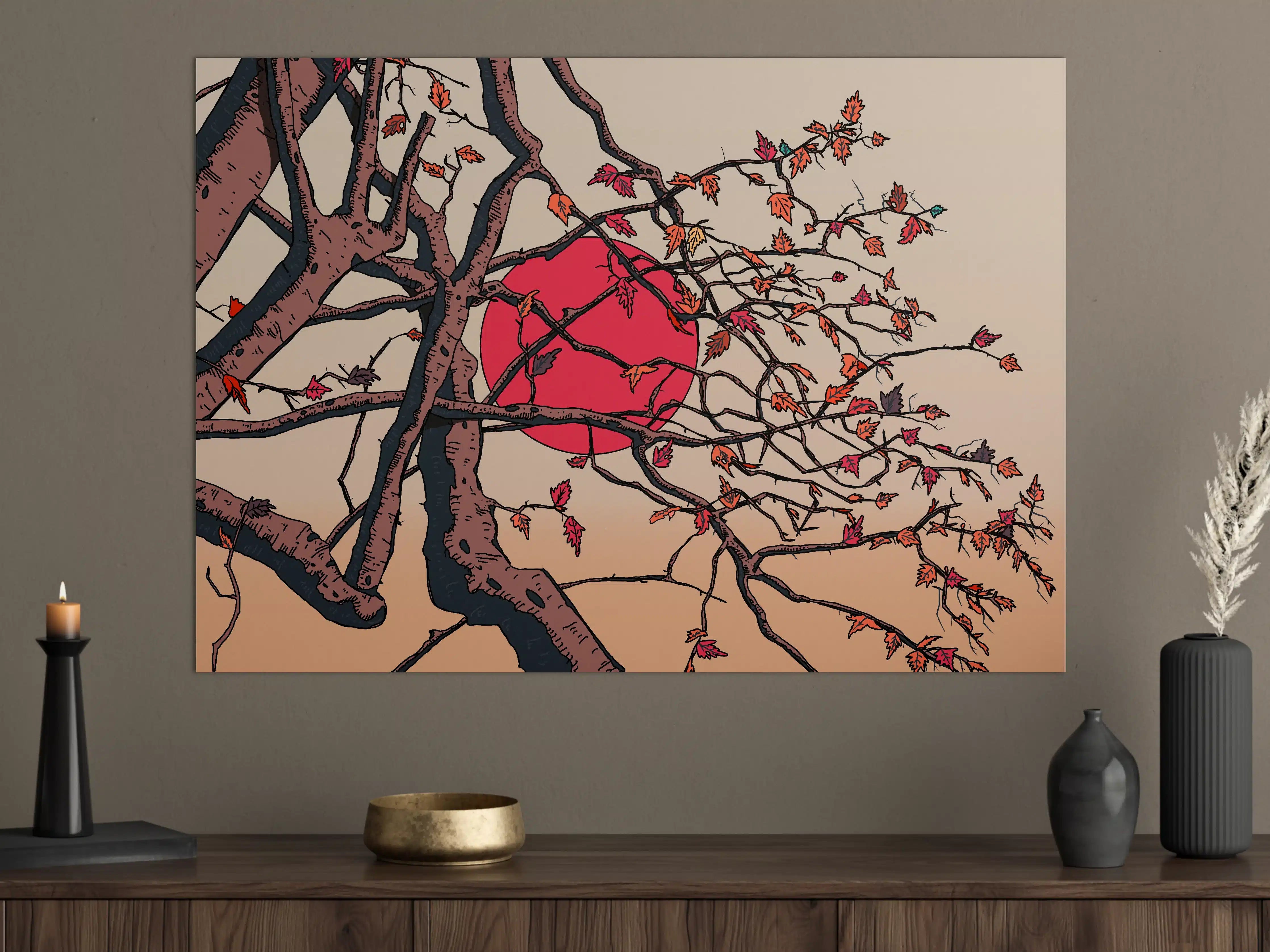 Große Wandbilder - Roter Sonnenuntergang hinter Baum