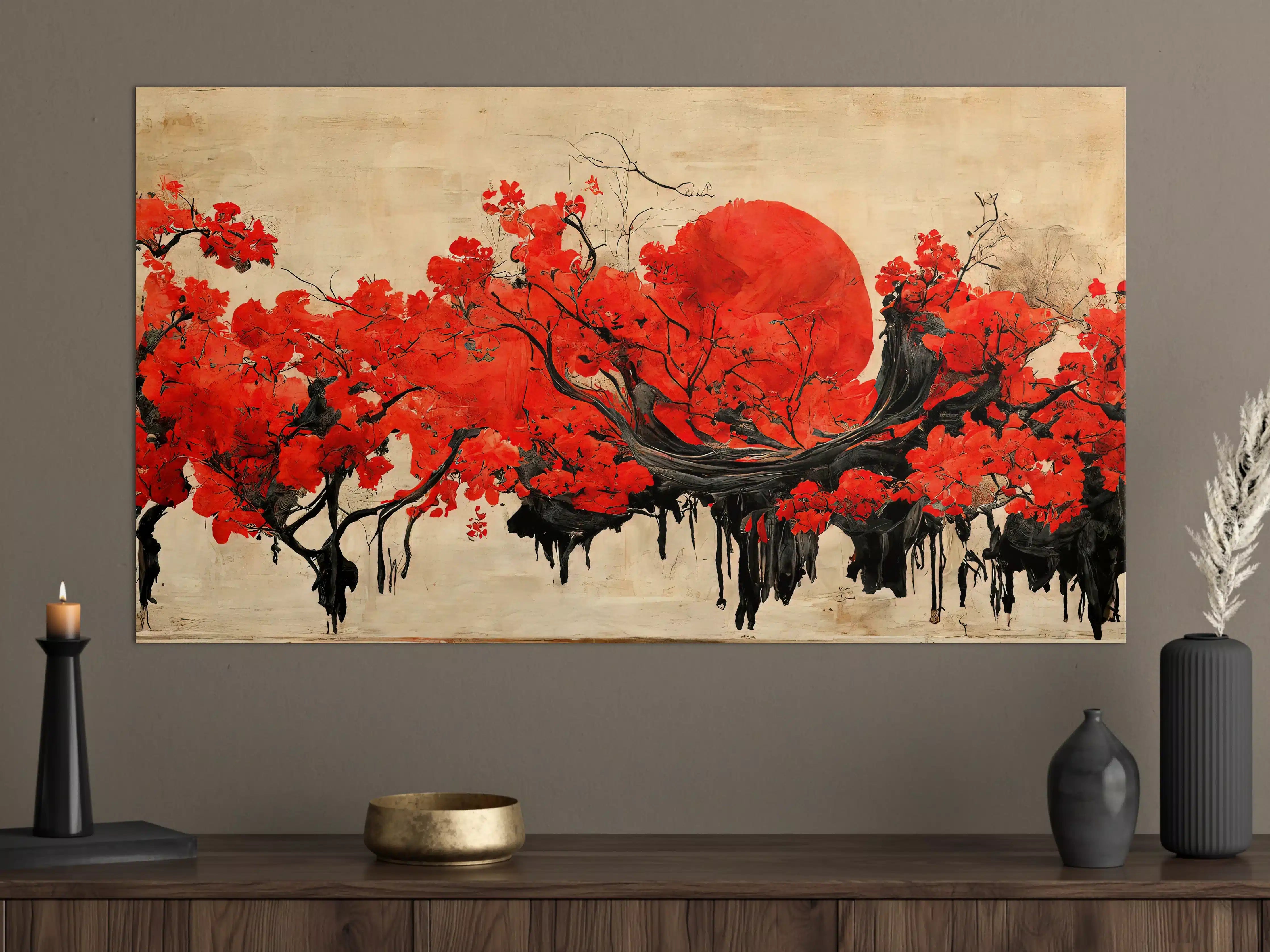 Große Wandbilder - Roter Sonnenuntergang über blühendem Baum