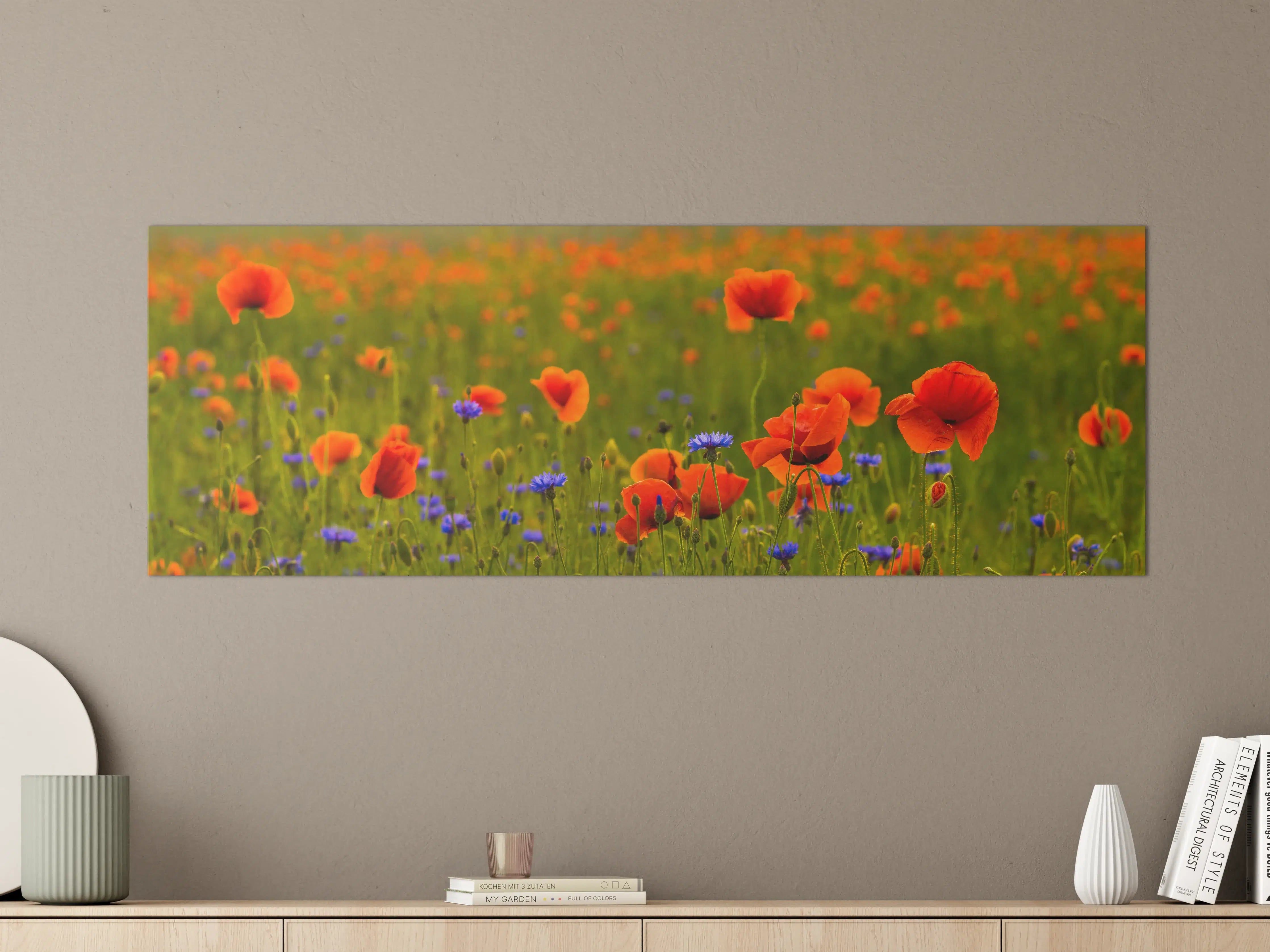 Große Wandbilder - Rotes Mohnfeld mit Kornblumen