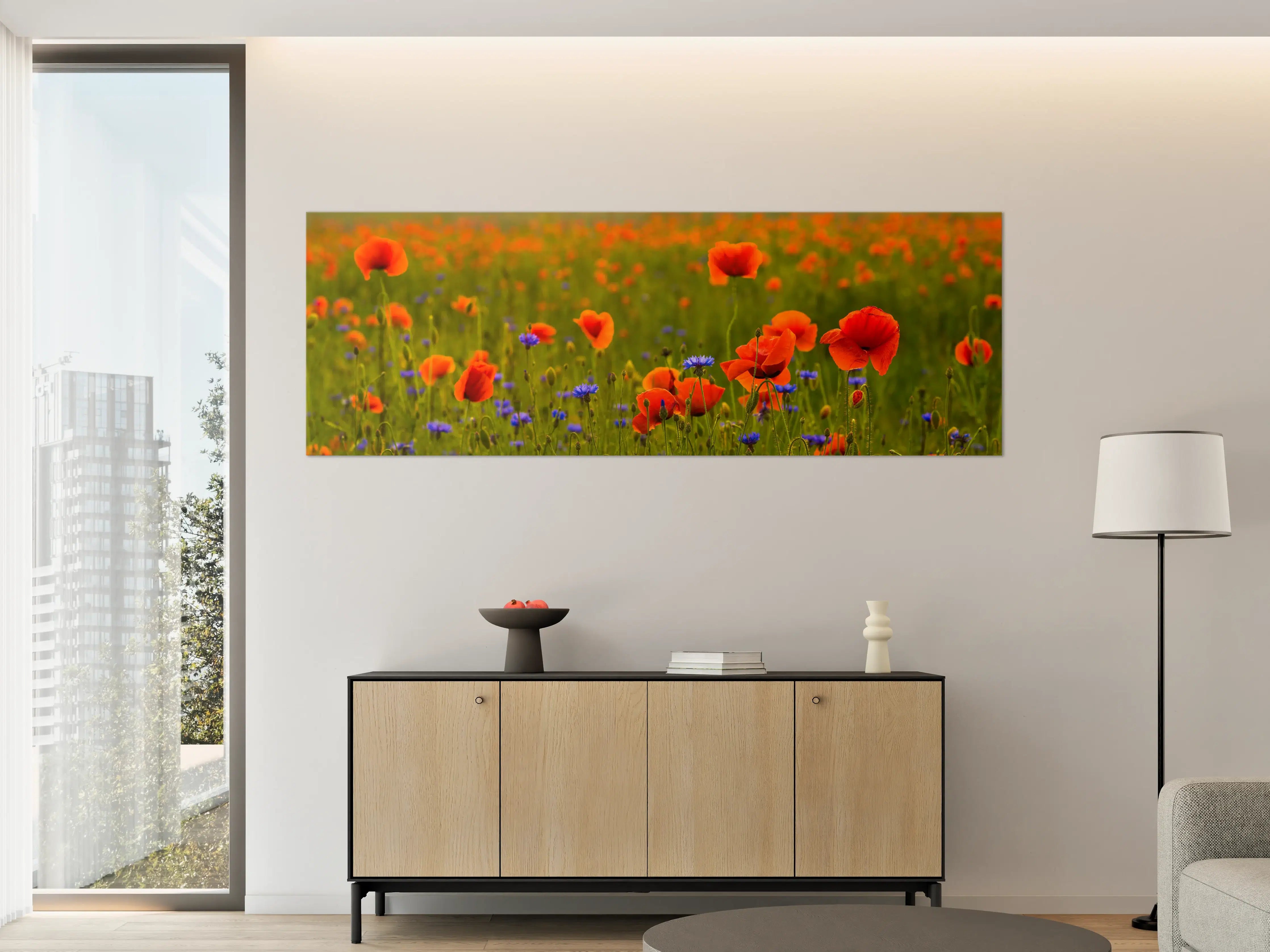 Große Wandbilder - Rotes Mohnfeld mit Kornblumen