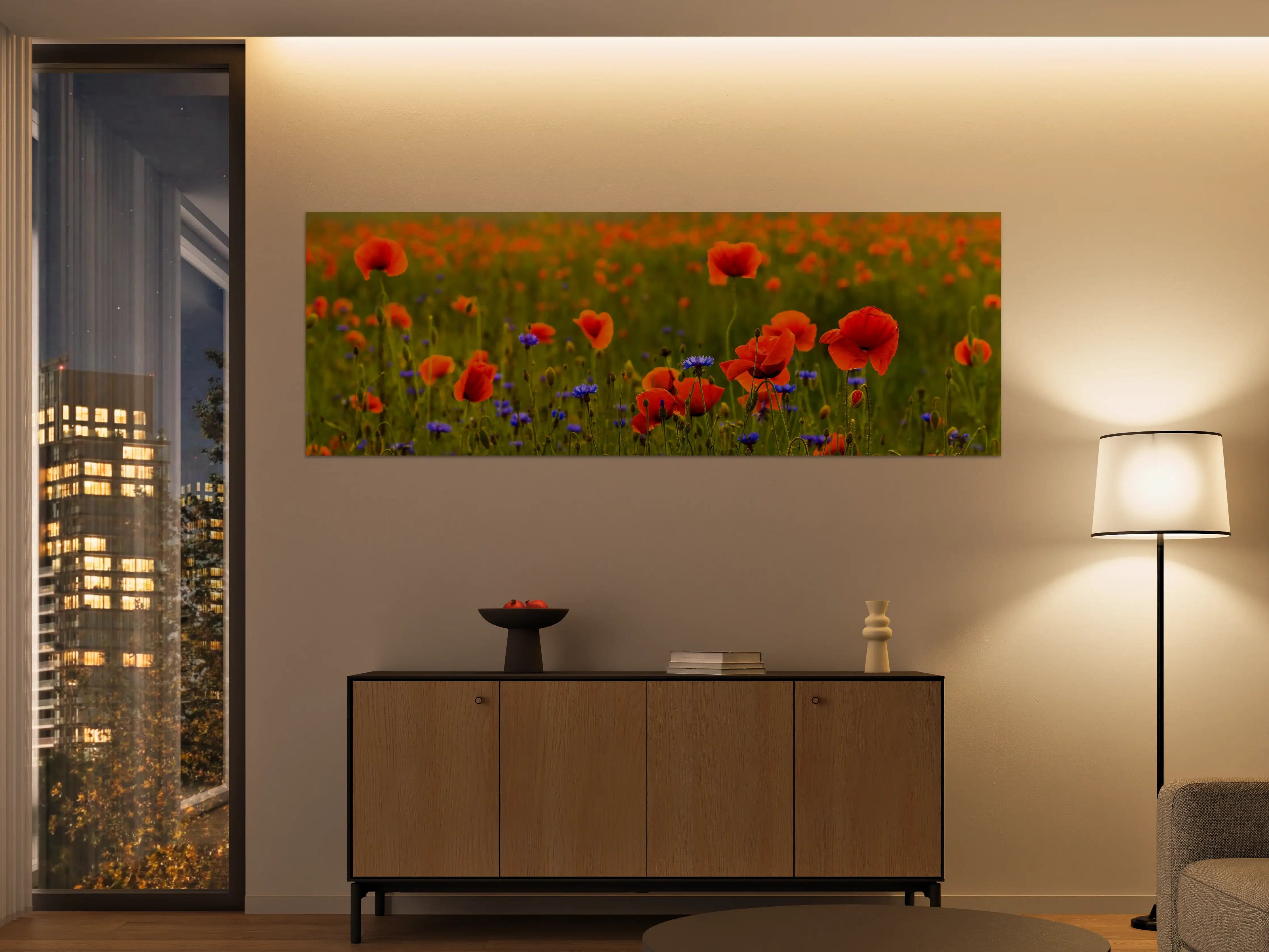 Große Wandbilder - Rotes Mohnfeld mit Kornblumen