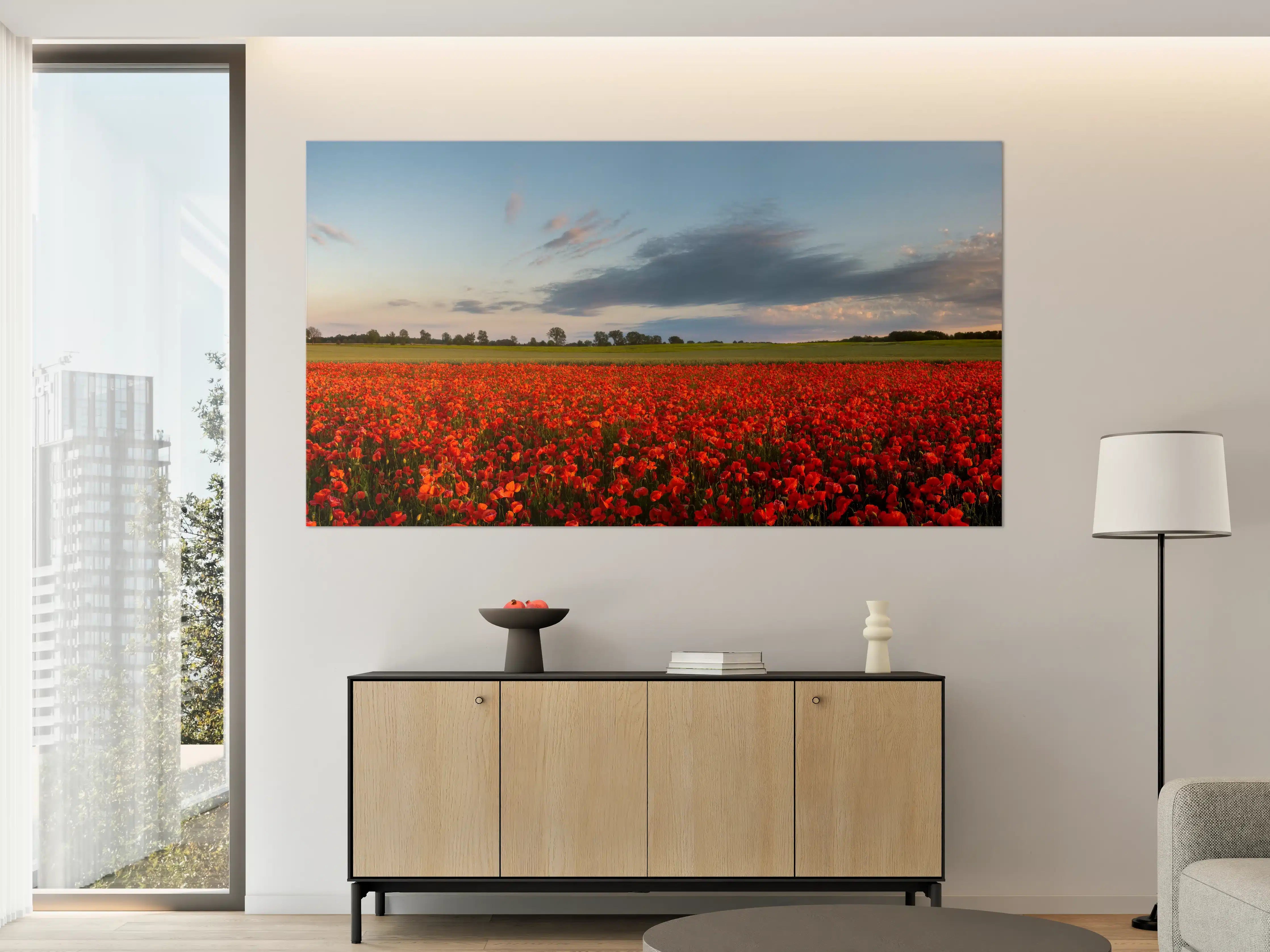 Große Wandbilder - Rotes Mohnfeld unter blauem Himmel