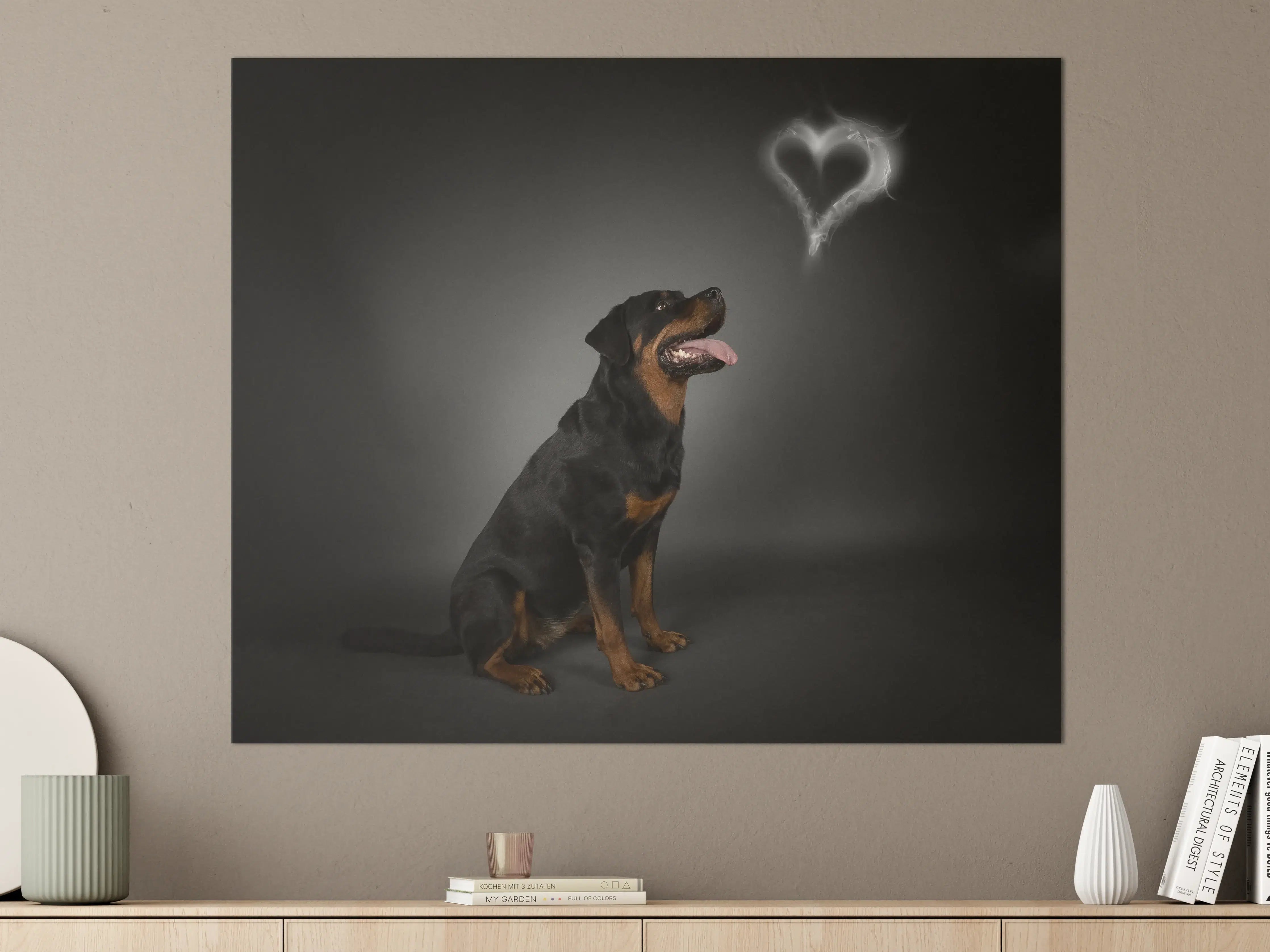 Große Wandbilder - Rottweiler sitzend mit Blick auf Herz