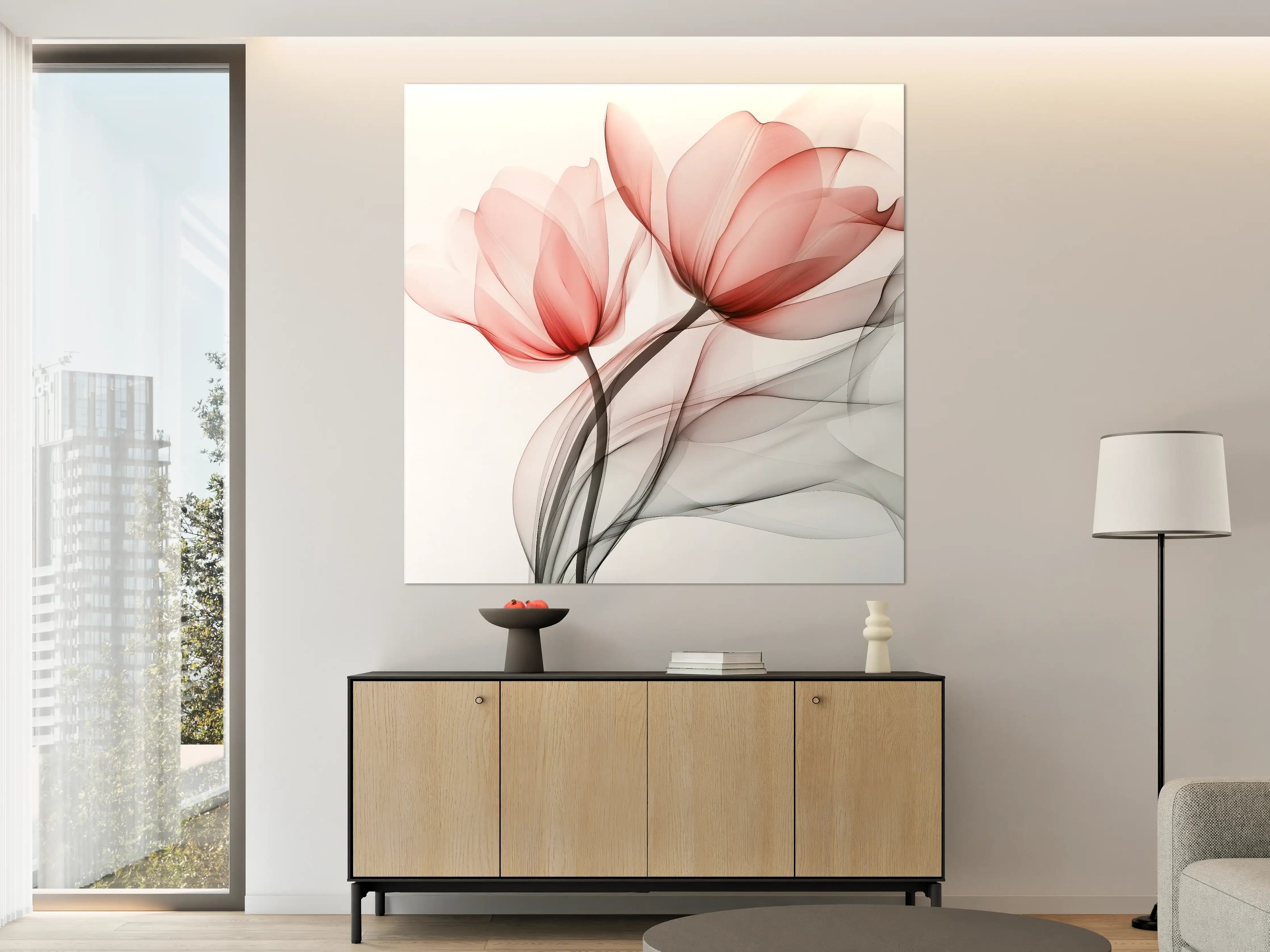 Große Wandbilder - Sanfte Blüten in Rot und Grau