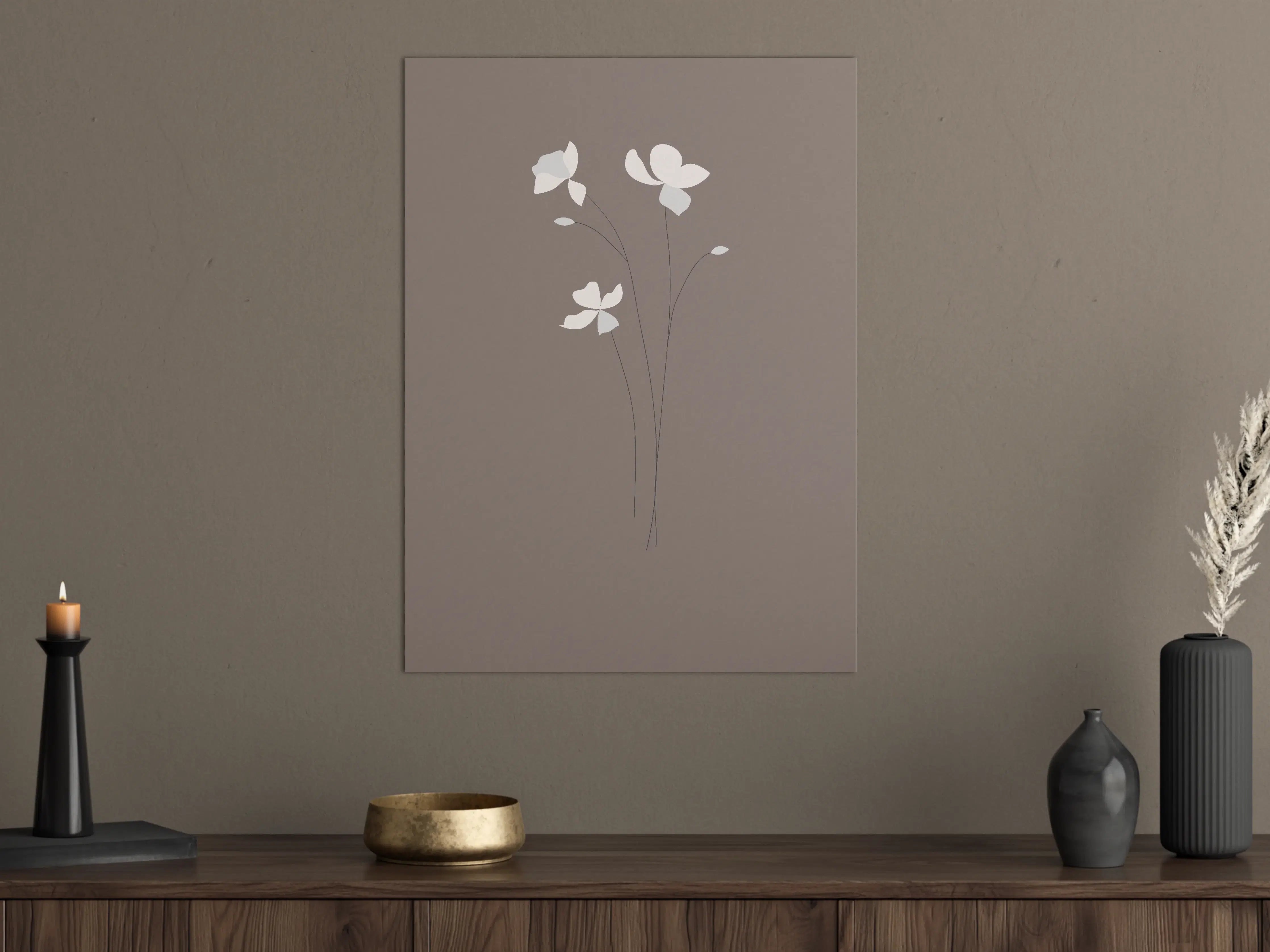 Große Wandbilder - Sanfte Blumenillustration auf taupefarbenem Hintergrund