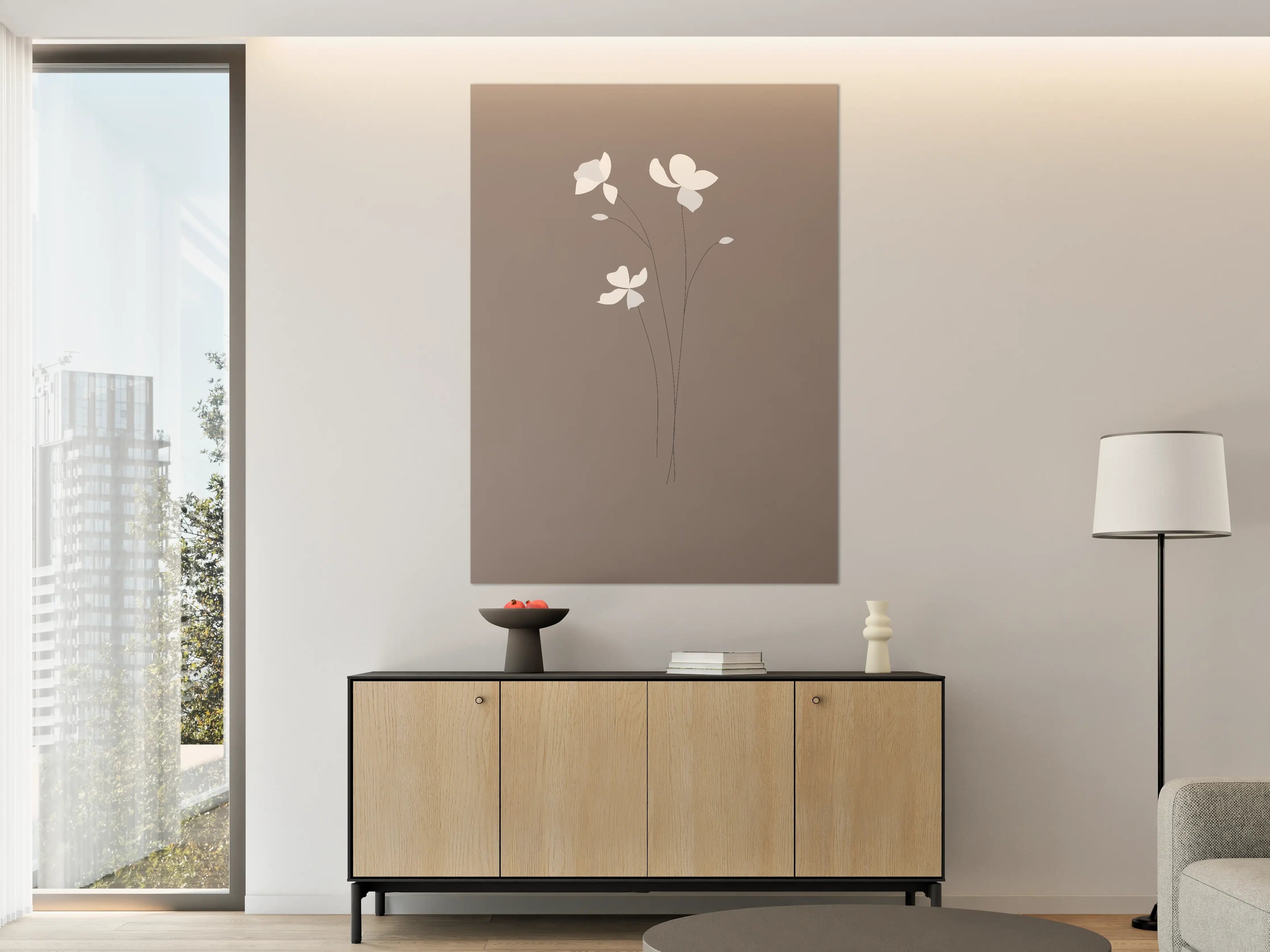 Große Wandbilder - Sanfte Blumenillustration auf taupefarbenem Hintergrund