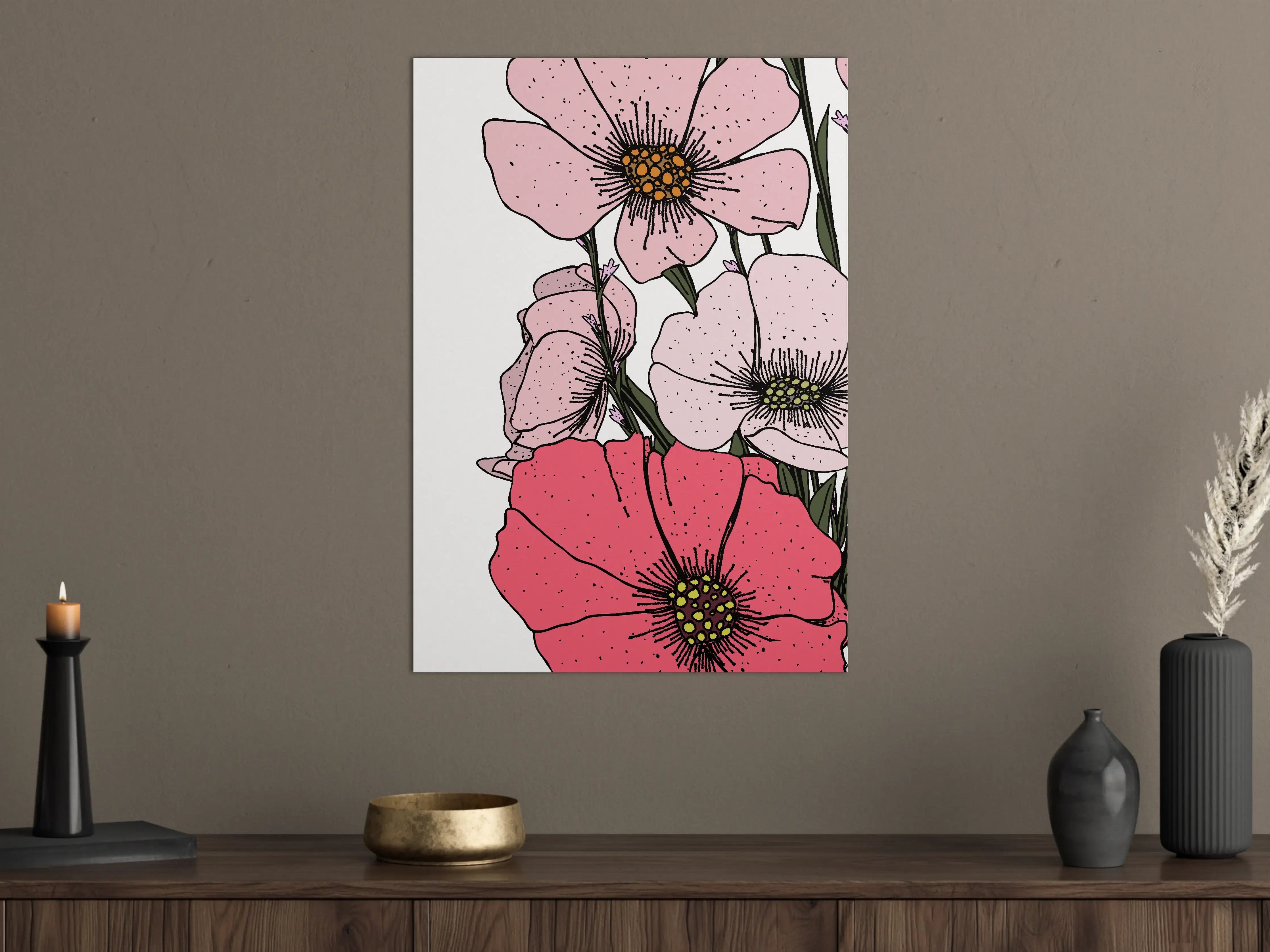 Große Wandbilder - Sanfte Blumenillustration in Pink und Grün