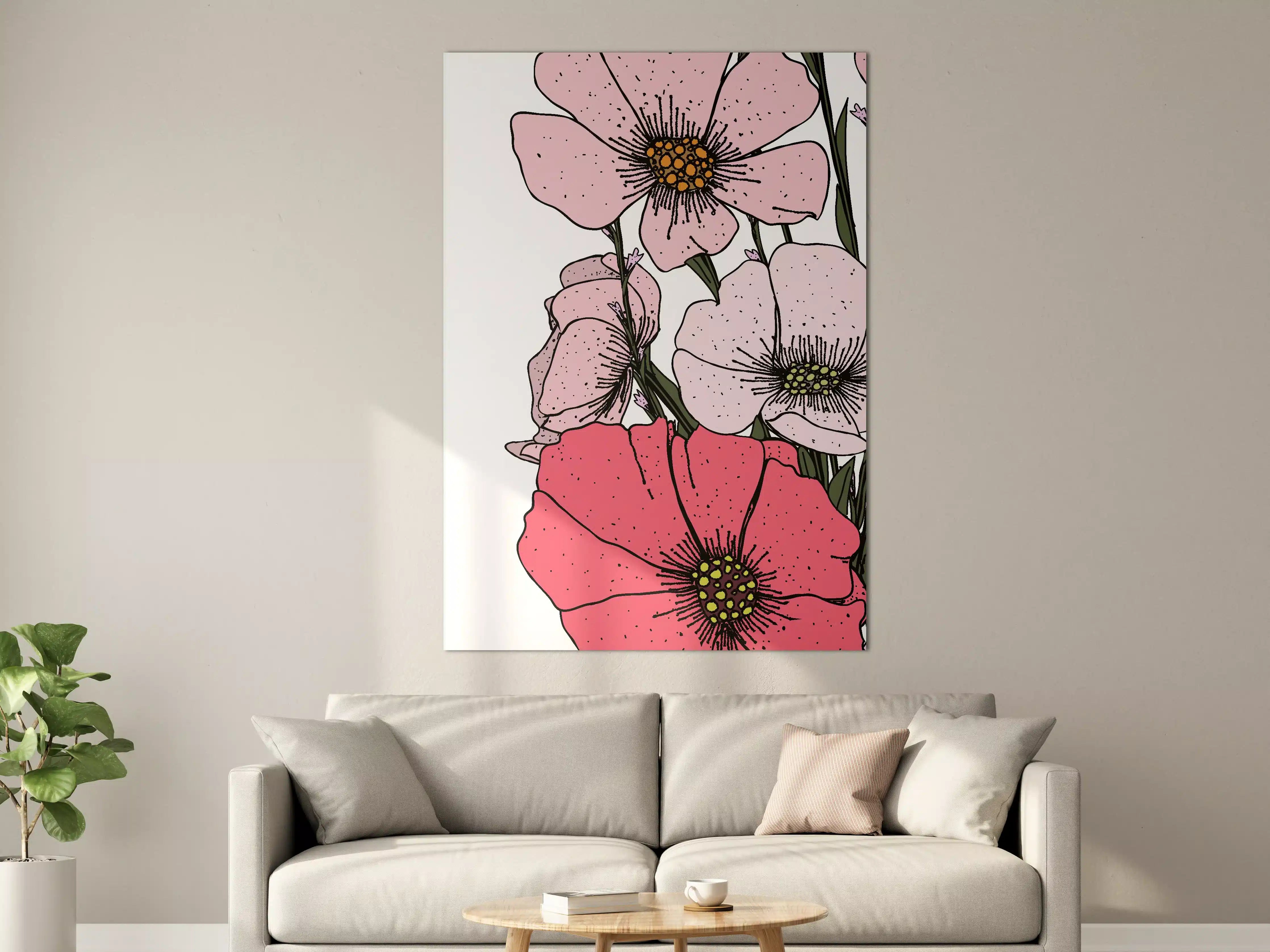 Große Wandbilder - Sanfte Blumenillustration in Pink und Grün
