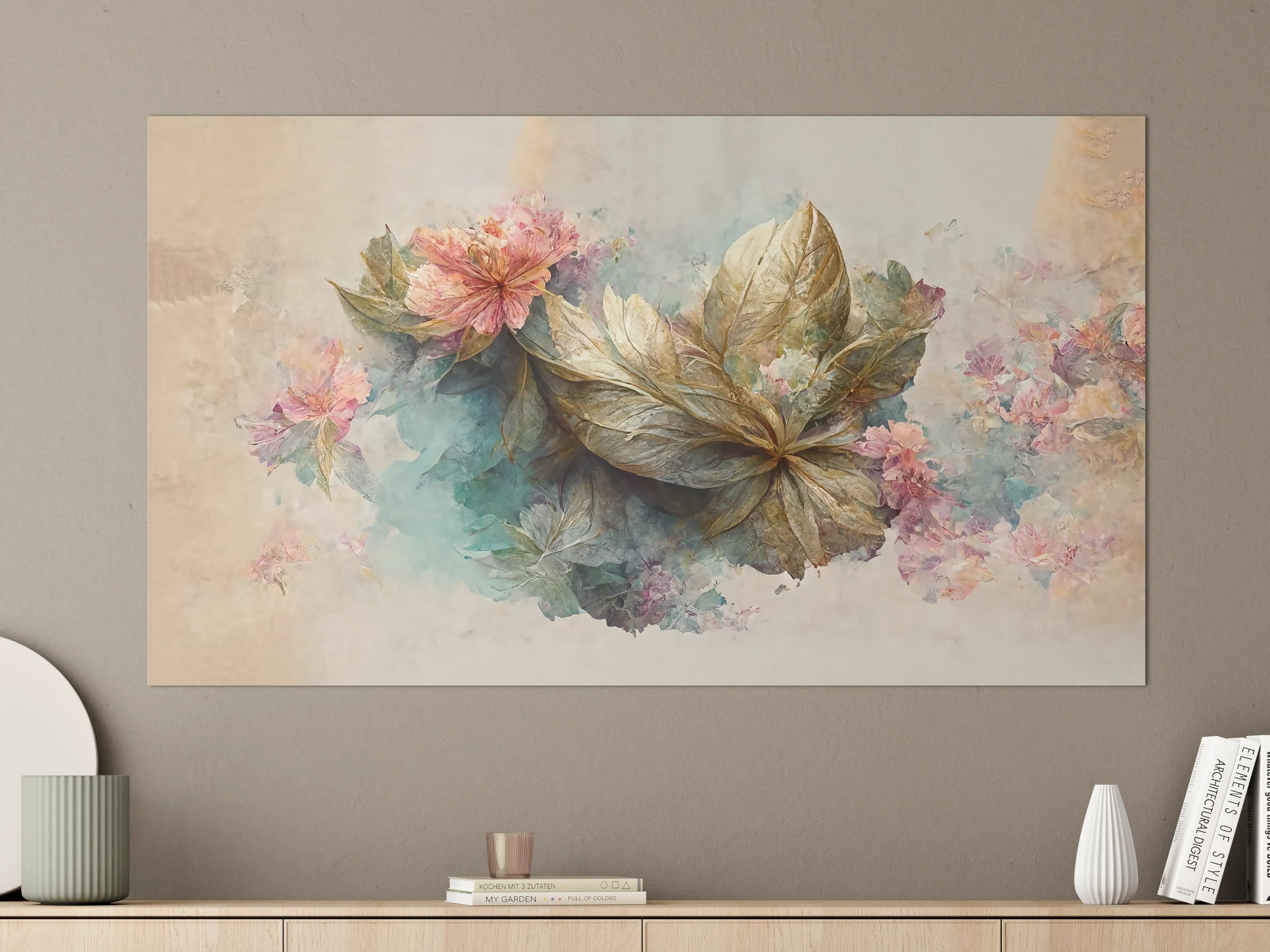 Große Wandbilder - Sanfte Pastellblumen und Grau-Accente