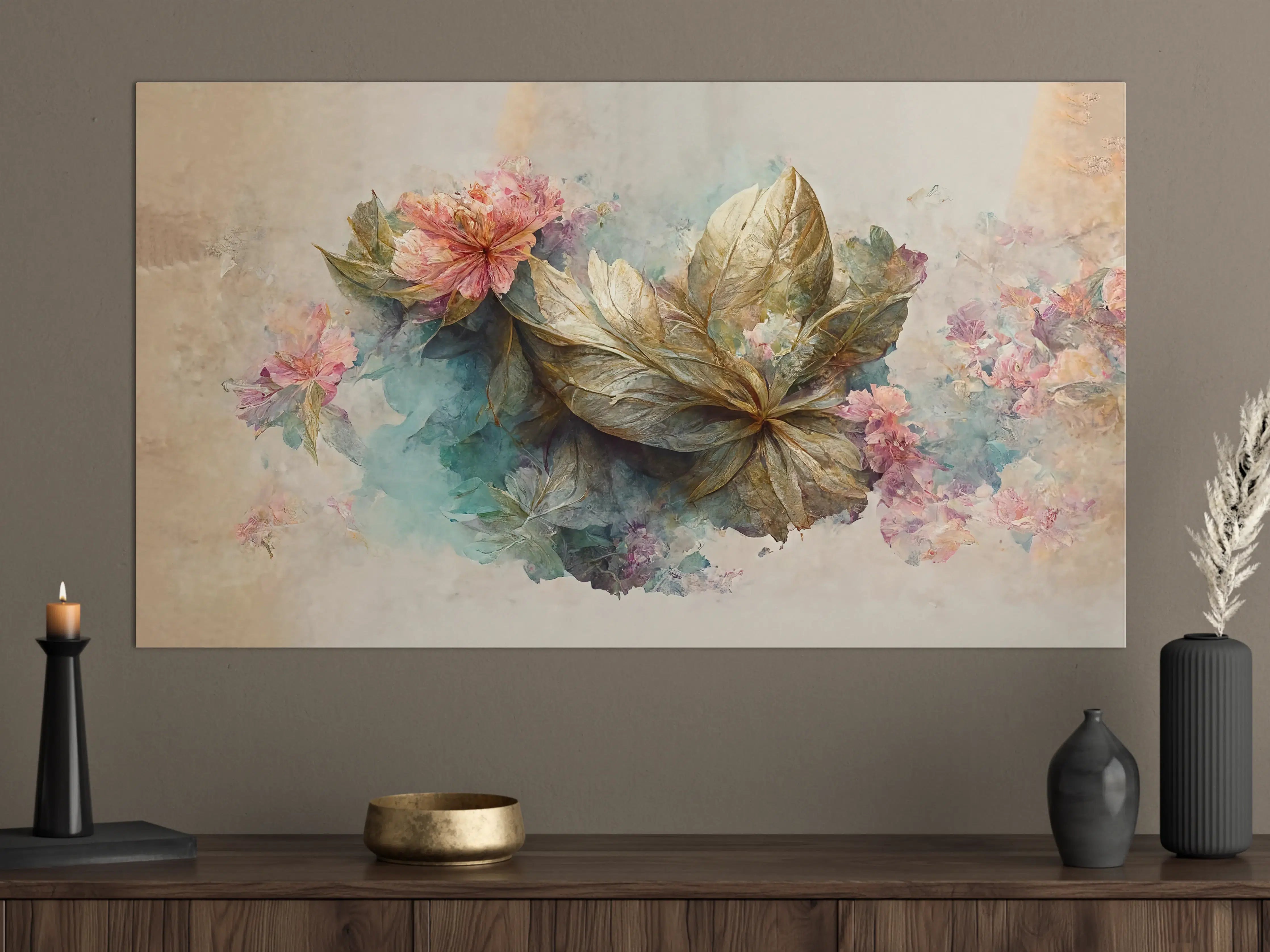 Große Wandbilder - Sanfte Pastellblumen und Grau-Accente