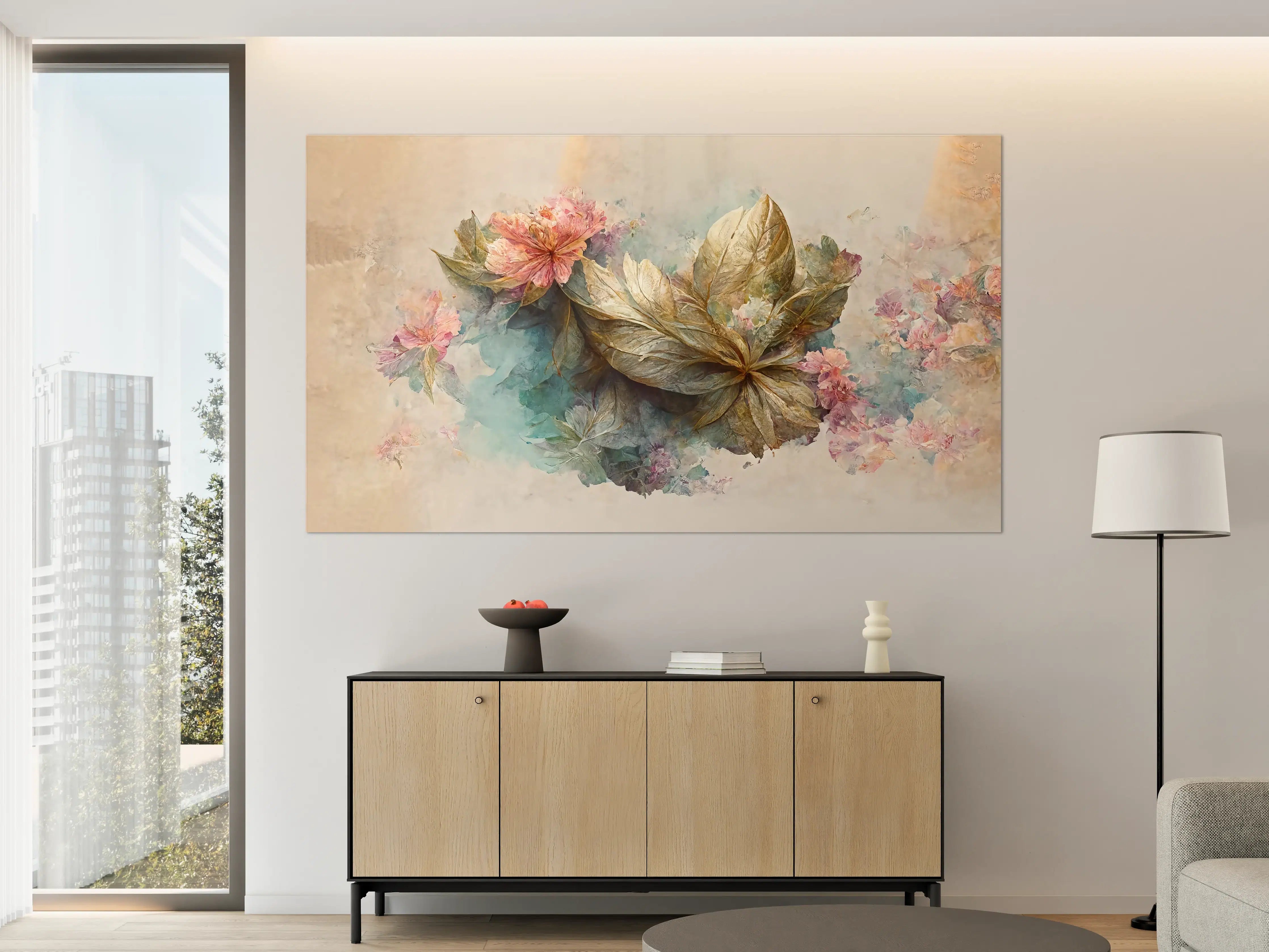 Große Wandbilder - Sanfte Pastellblumen und Grau-Accente