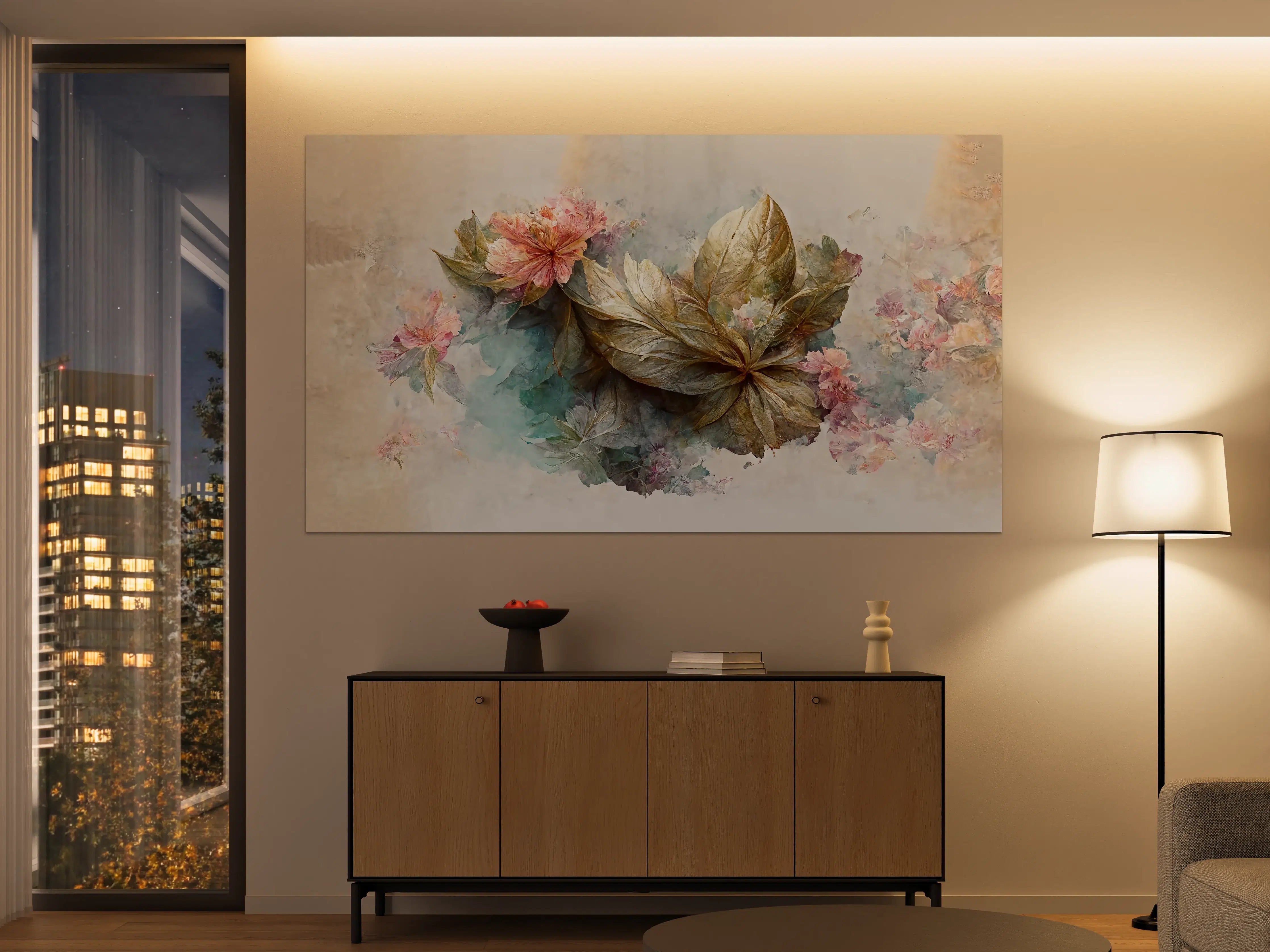 Große Wandbilder - Sanfte Pastellblumen und Grau-Accente