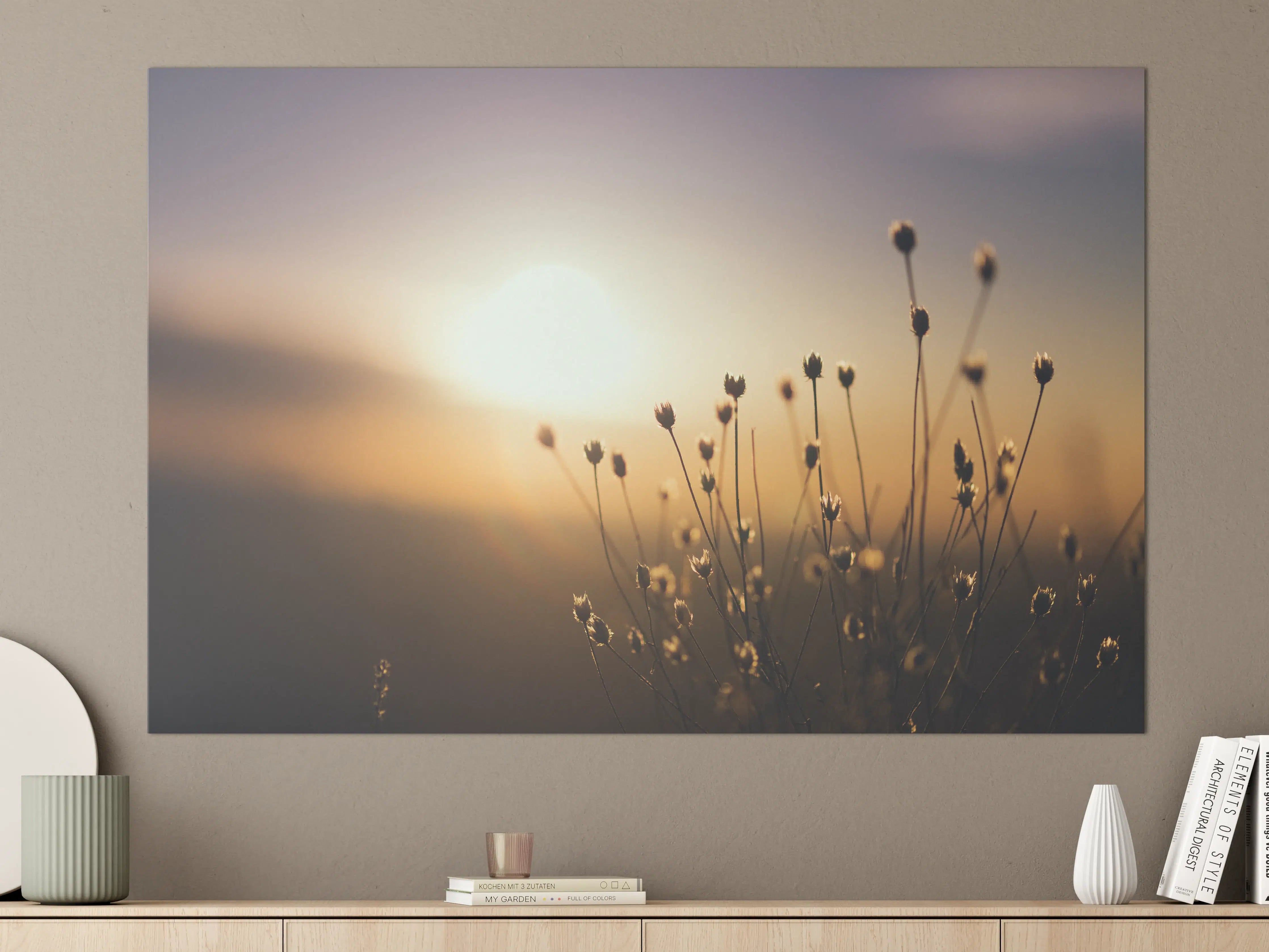 Große Wandbilder - Sanfte Sonnenuntergangsszene mit Blumen