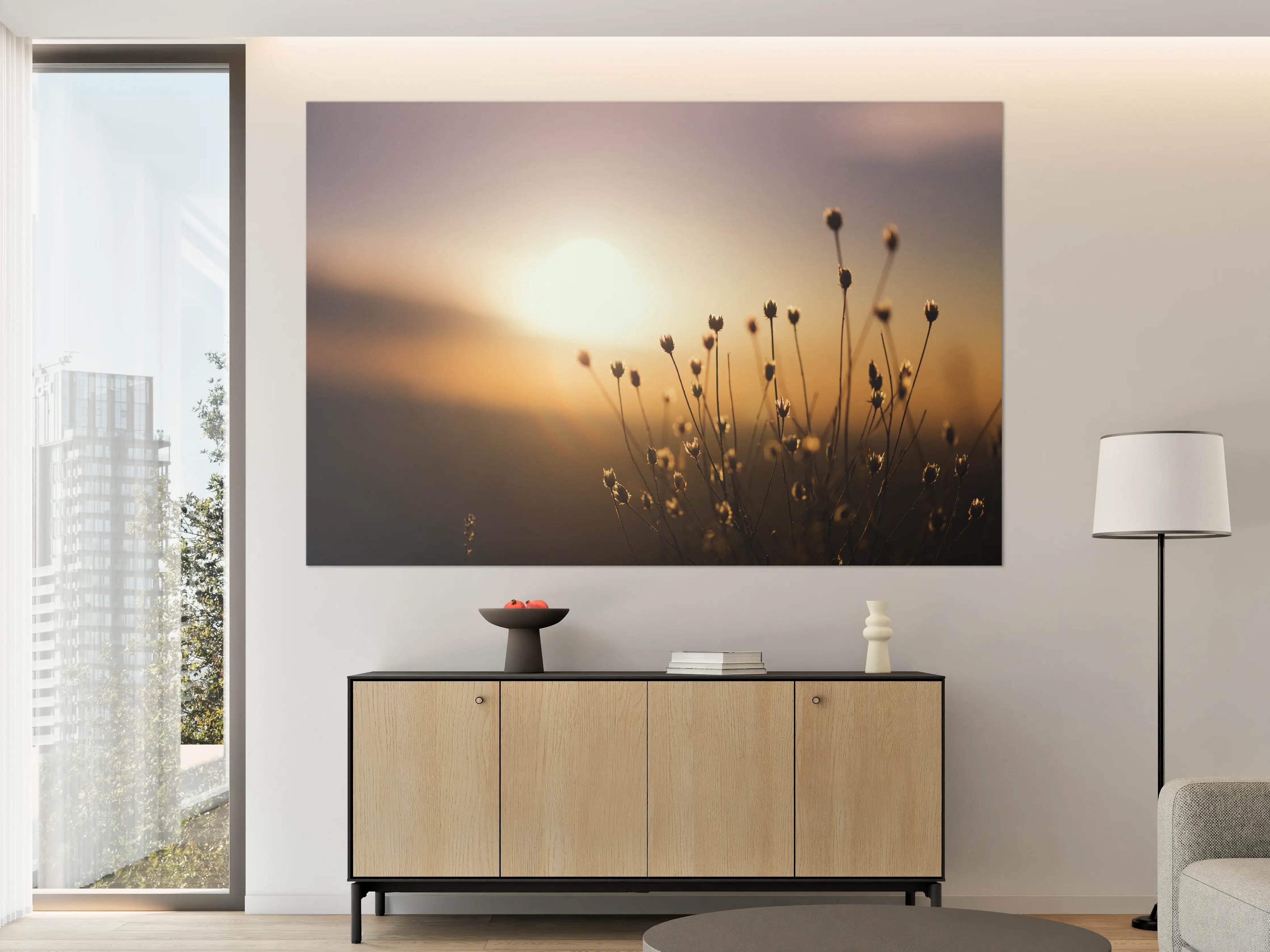 Große Wandbilder - Sanfte Sonnenuntergangsszene mit Blumen